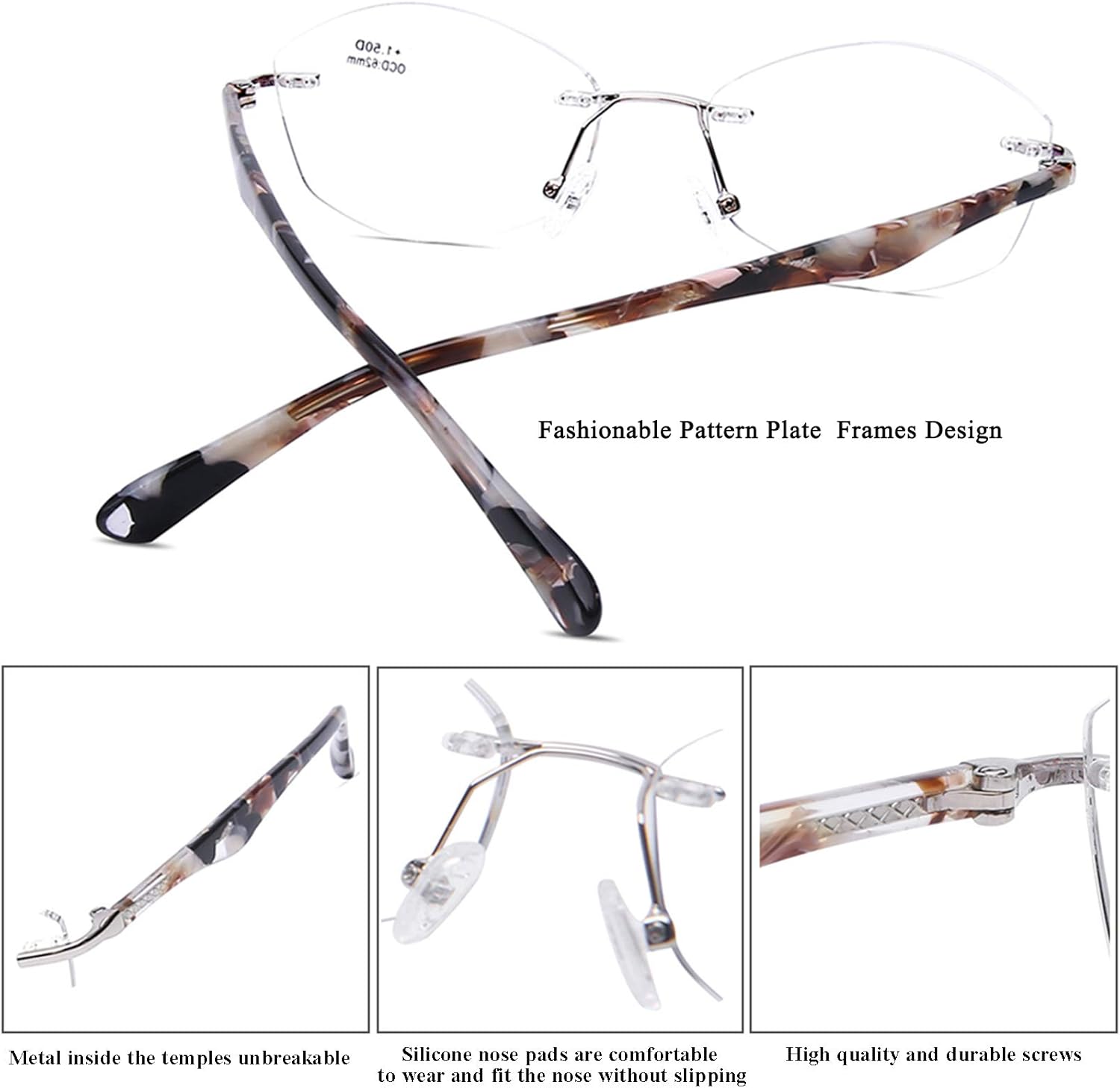 AQWANO Rimless Computer Blue Light Reading Glasses Women Fashion Designer Clear Lens Pattern Frame Ladies Readers