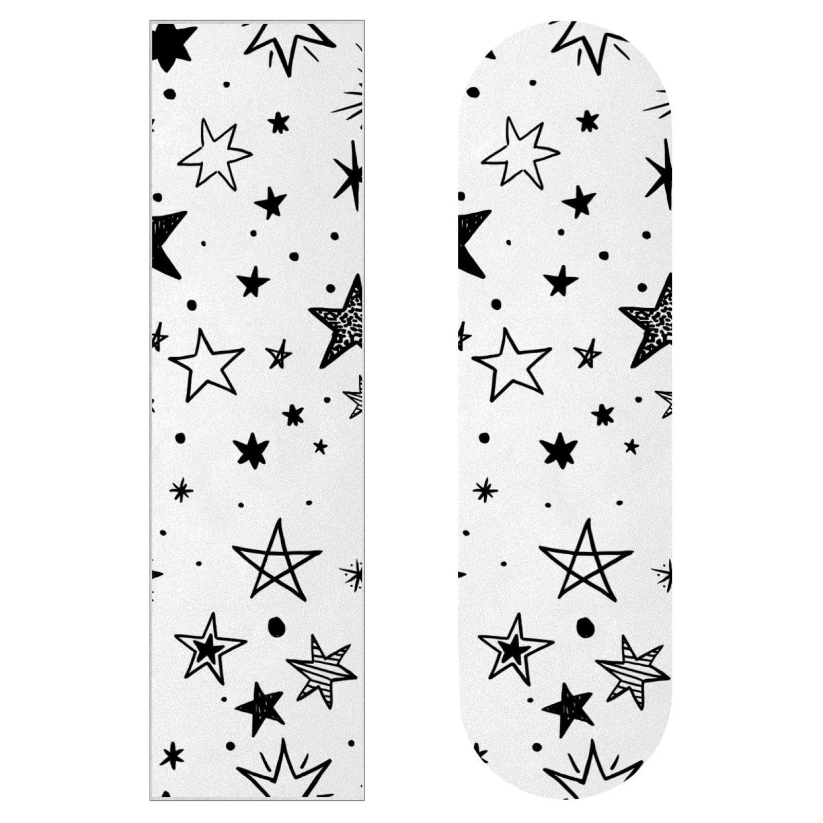 Lot de 2 feuilles de papier abrasif pour skateboard Motif étoiles Noir/blanc