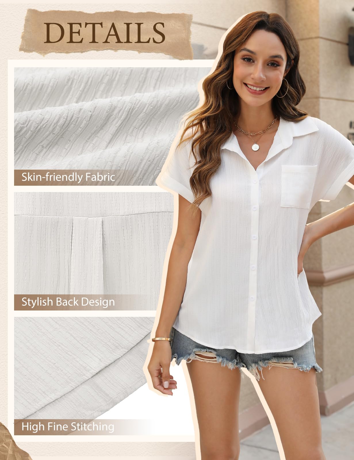 Niwicee Blusa Elegante para Mujer Camisa Lino Mujer Verano con Cuello en V Blusa Suelta Manga Corta Cardigan Mujer Verano Causal Informal con Botones Top con Bolsillos