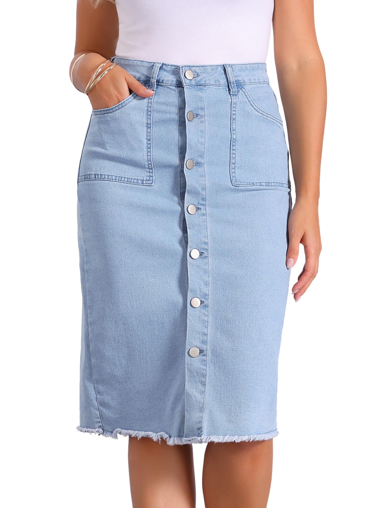 Allegra K Donna Gonna Midi in Denim Vita Alta con Tasche Casual | Chiusura con Bottoni Anteriori Orlo Sfrangiato Silhouette Versatile per Uso Quotidiano Ideale per Uscite