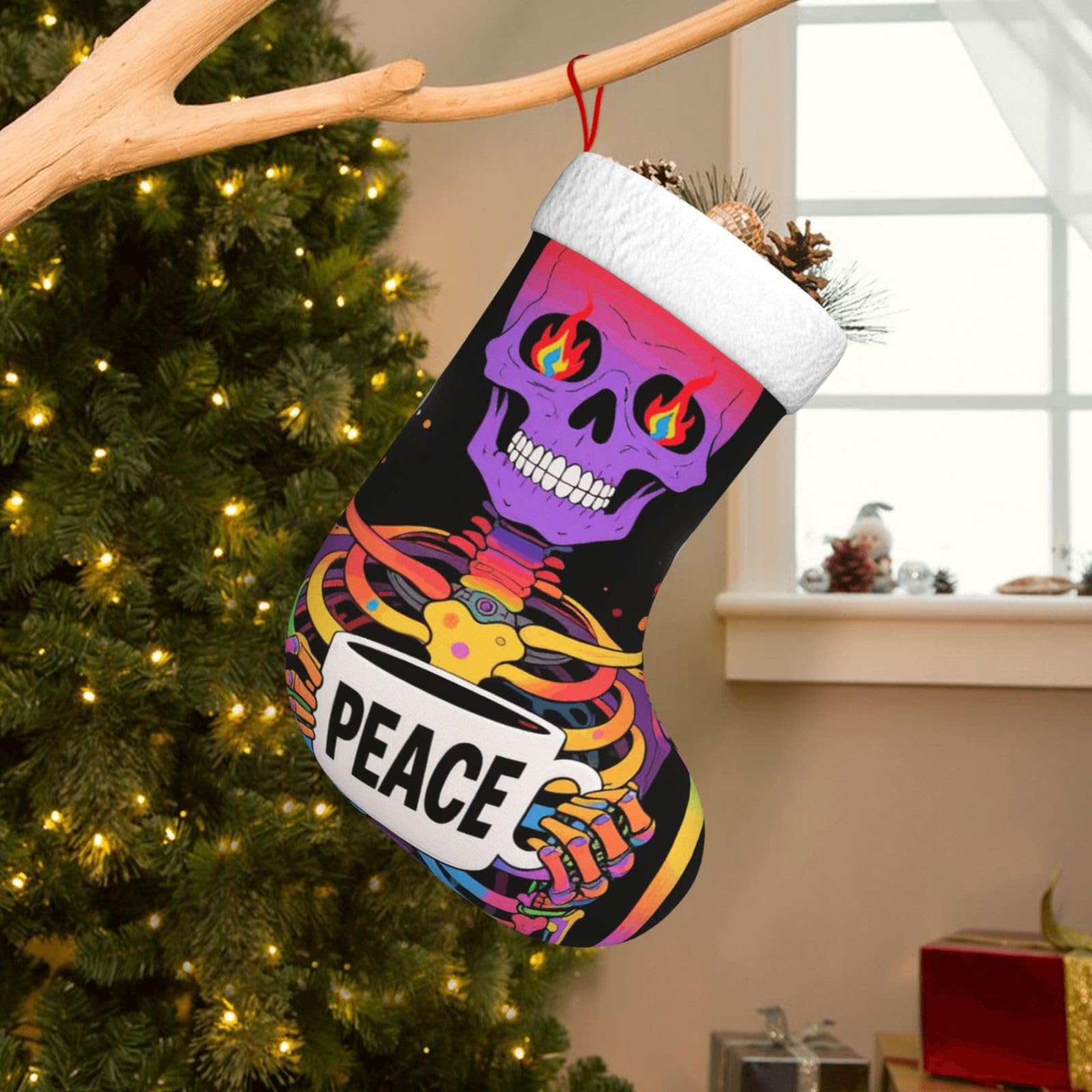 Velvet Christmas Stockings 17.7 Inch, Rainbow Skeleton Xmas Stocking with Soft Cuff,Classic Personalized Christmas Tree Decoration for Family Holiday New Year Party Supplies