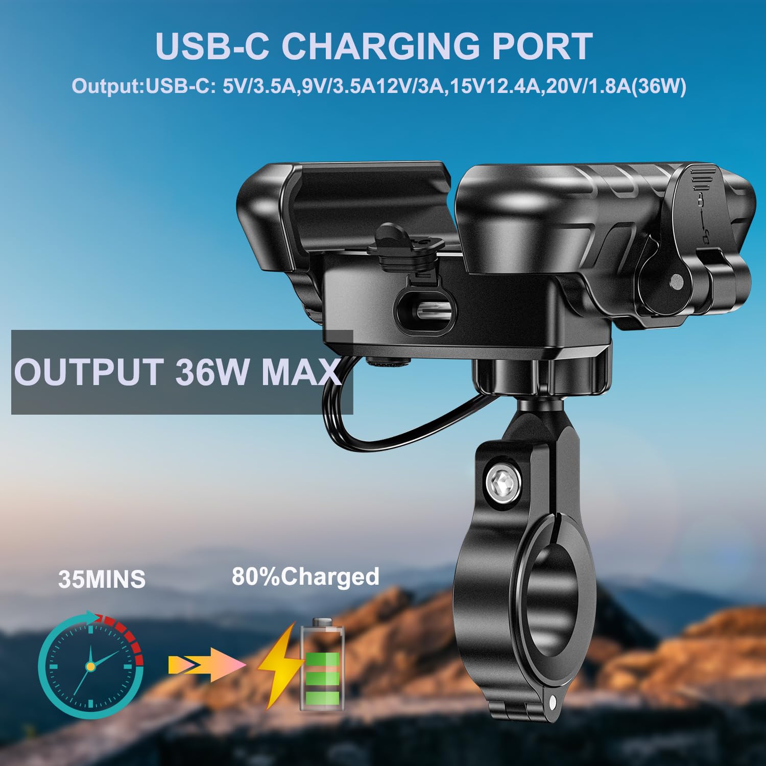 iMESTOU Caricatore USB per Telefono da Moto in Alluminio con Porta USB C di Ricarica Rapida, Compatibile con Telefoni da 5,4"-7,25" Fino a 15 mm di Spessore, Adatto per Manubri da 12 mm-32 mm