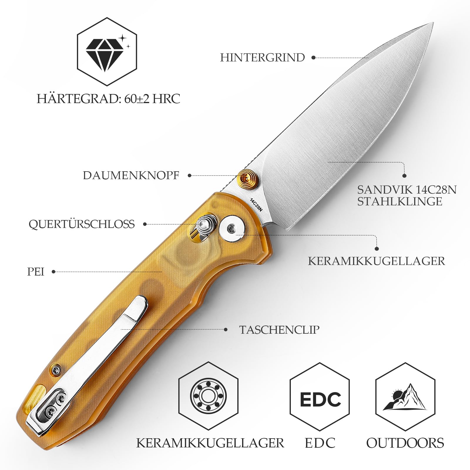 TRIVISA EDC Taschenmesser Klappmesser, 14C28N-Stahlklinge Rettungsmesser, Gelber Ultem-Griff Taschenmesser mit Gürtelclip, Outdoor-EDC-Messer für Camping, Jagd und Wandern, Dragonfly-YP