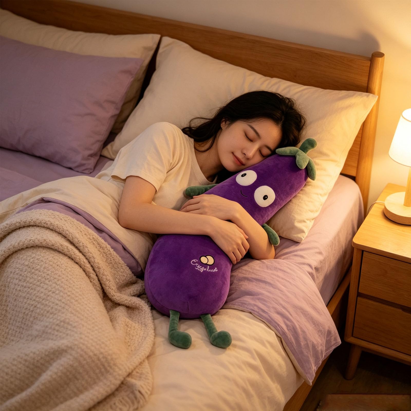 Plüschtier Aubergine, weiches Kuscheltier als Kissen, Nackenrolle & Sofadeko, Kinder und Erwachsene (110cm)