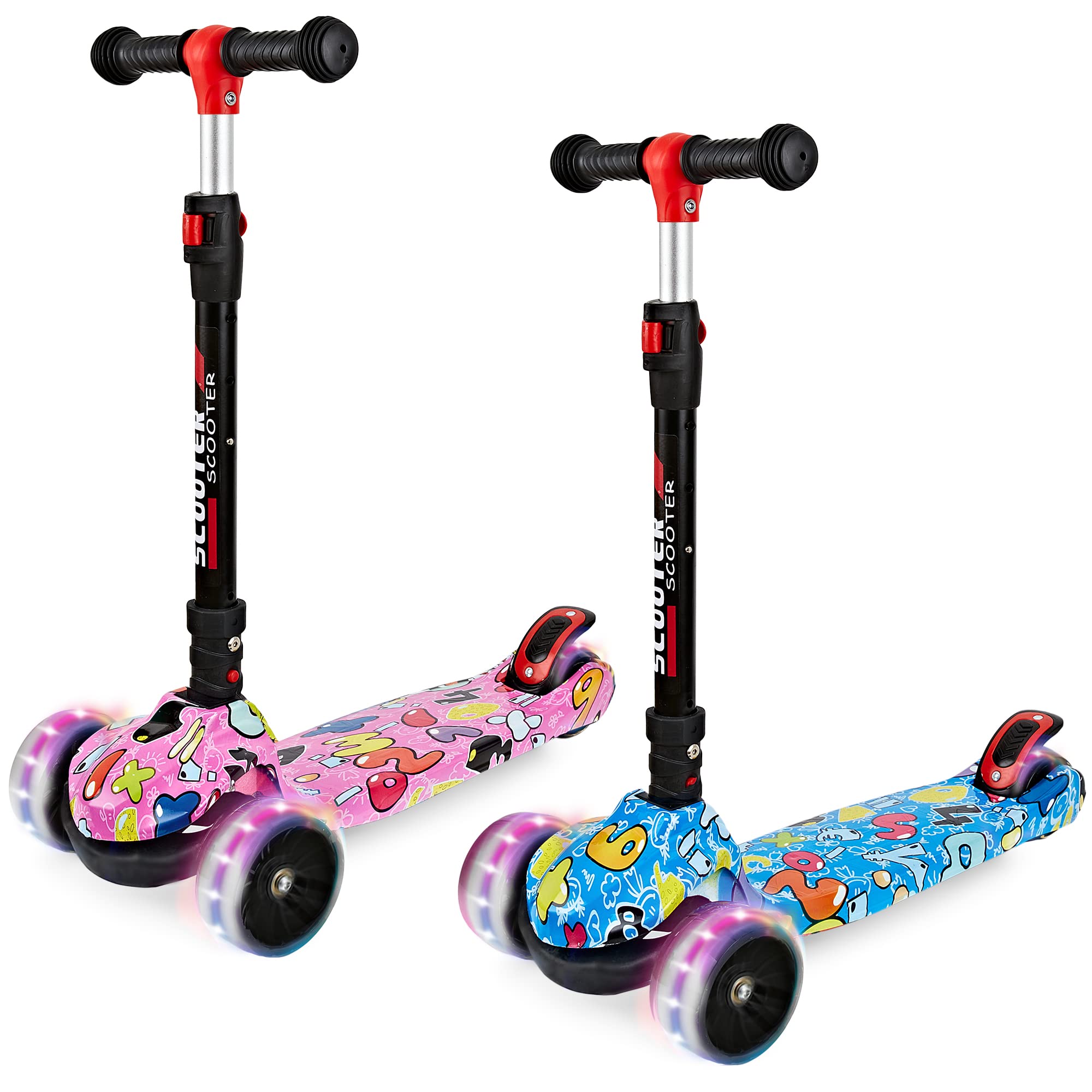 Scooter for Kids Ages 3-12, Foldable & Height Adjustable Kids Scooter with Graffiti Bodywork, Non-Slip Deck and Extra Wide PU Light-up Wheels (200 Lbs Weight Capacity)