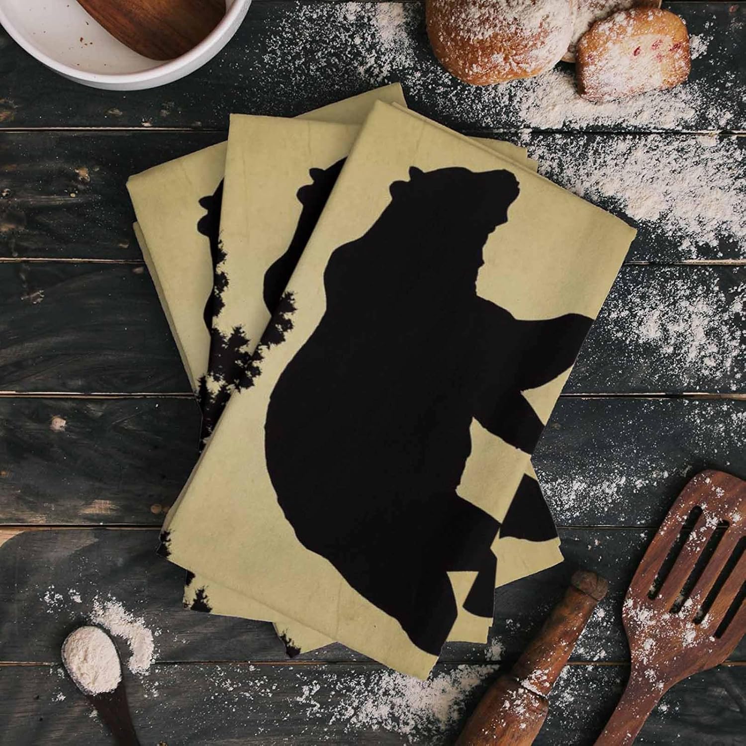 Kitchen Towel Set, Black Bear Forest Silhouettes Fast Drying Microfiber Kitchen Towels Dish Cloths, Tea Towels/Bar Towels/Hand Towels Vintage Farm Backdrop (Set of 4, 18x28 Inch)