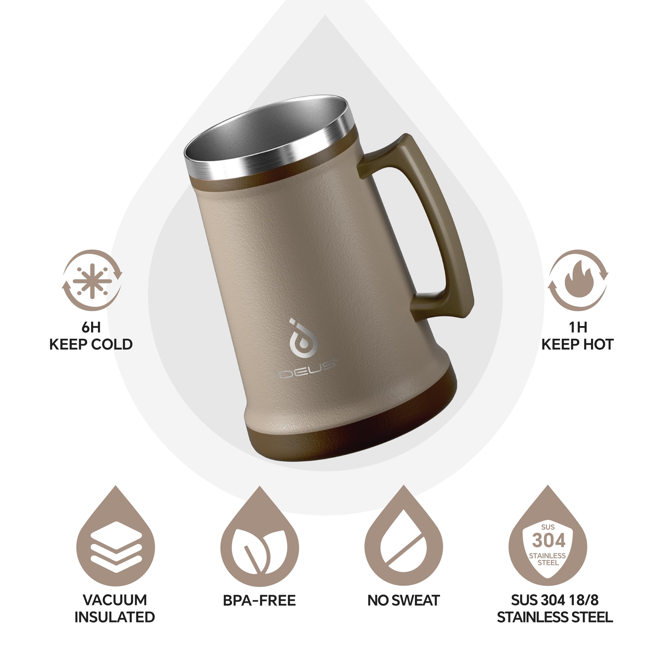 Ideus Jarra de cerveza aislada, 710/1000 ml, acero inoxidable, doble pared, vaso de cerveza gigante, vaso de metal con mango de agarre grande para fiestas y reuniones (rosa polvoriento, 34 onzas