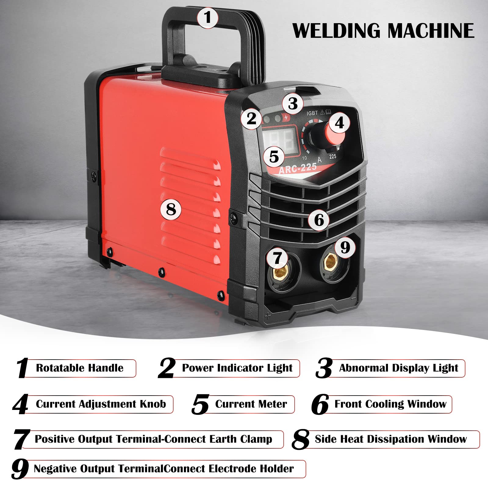 Poste a Souder ARC 220V 225A, machine à souder électrique portable IGBT avec écran digital LCD pour les soudeurs et la maintenance de divers équipements (Rouge)