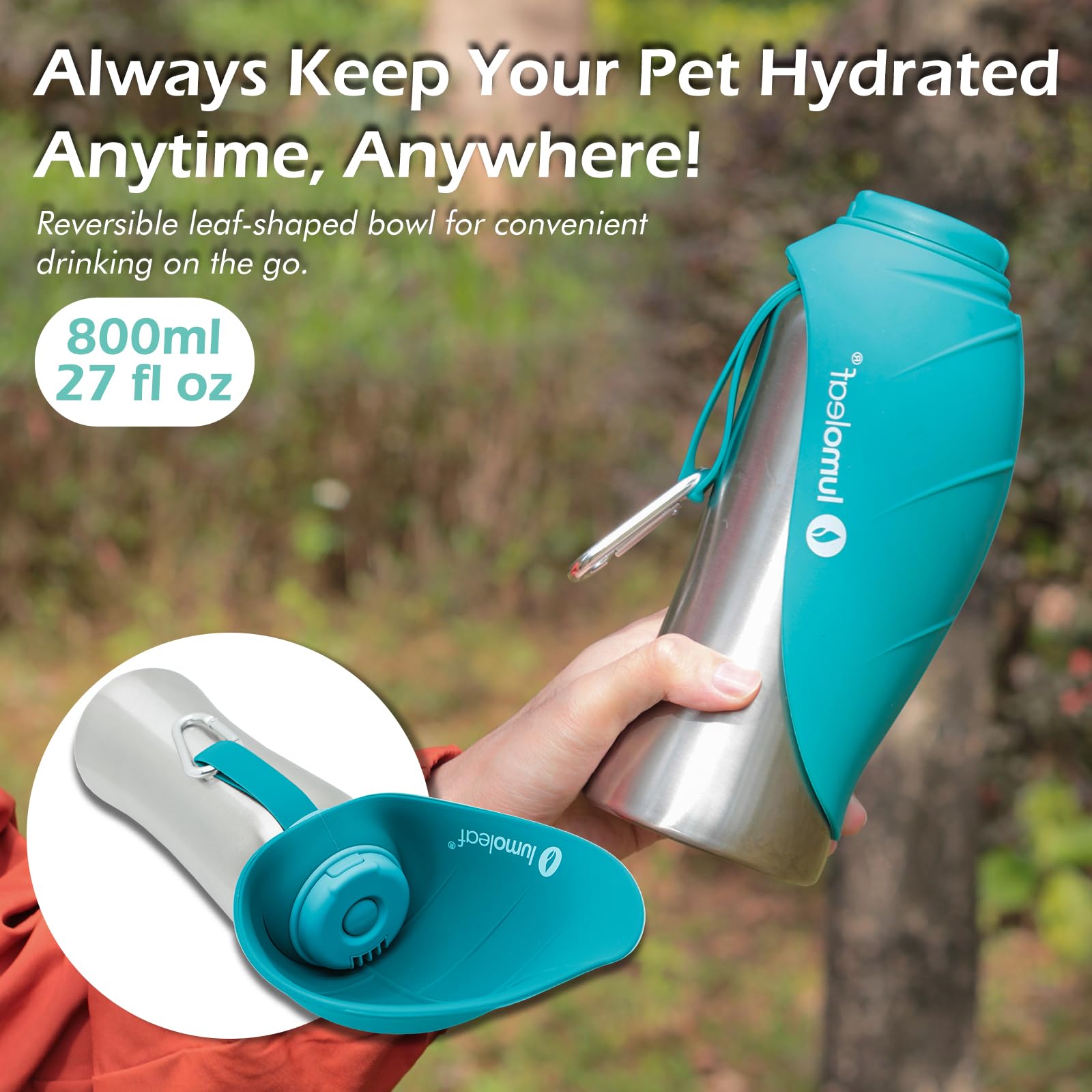 LumoLeaf Bouteilles d'eau Portables pour Chien de 800 ML, Distributeur d'eau de Voyage en Acier Inoxydable pour la Marche, la randonnée et l'extérieur, Bol d'eau Portable pour Grands (Blau/800ml)
