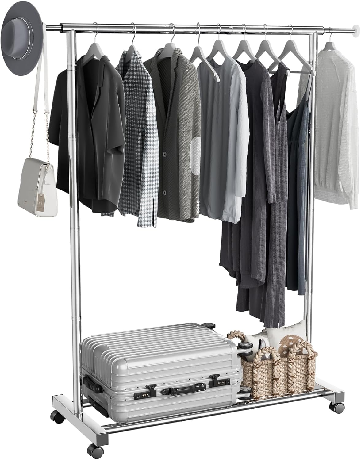 Clothing Rack,Stainless Steels Clothes Drying Rack, Coat Rack, Portable Wardrobe Closet with Anti-Rust Metal Frame for Home/Laundry with Wheels