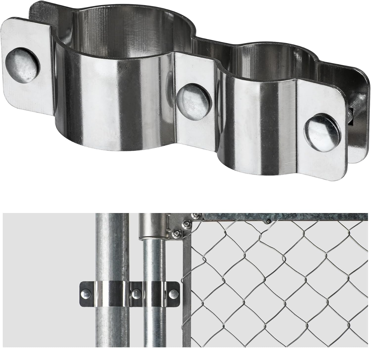 2Pack 2 3/8''x 1 5/8'' Stainless Steel Chain Link Fence Panel Clamps Round Pipe, Heavy Duty Corrosion Resistant Kennel Clamps with Bolts and Nuts