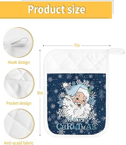 Miniatura 3 de Juego de 4 agarraderas de tela de toalla de Papá Noel azul marino para cocina, antideslizantes y aislantes de calor, con bolsillo, guantes gruesos