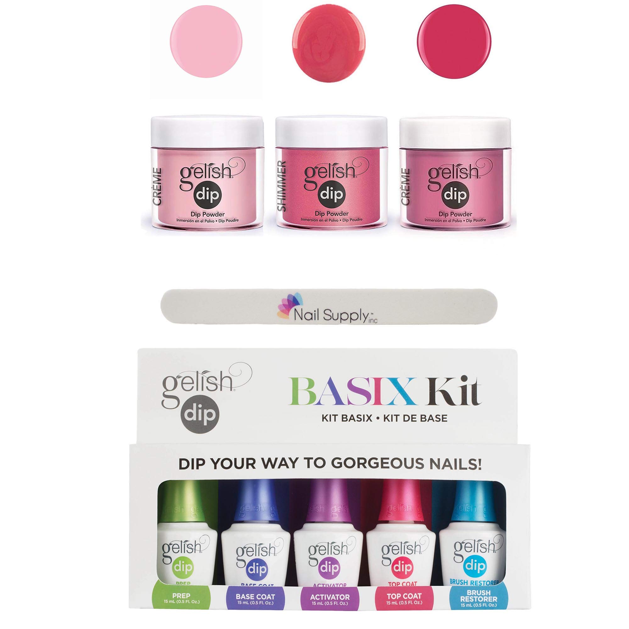 Gelish Professional Grade Salon Quality DIY Acrylic Dip Powder Starter Kit Set of 3 Colors with Free Nail File, The Pink Collection - 9 PC.
