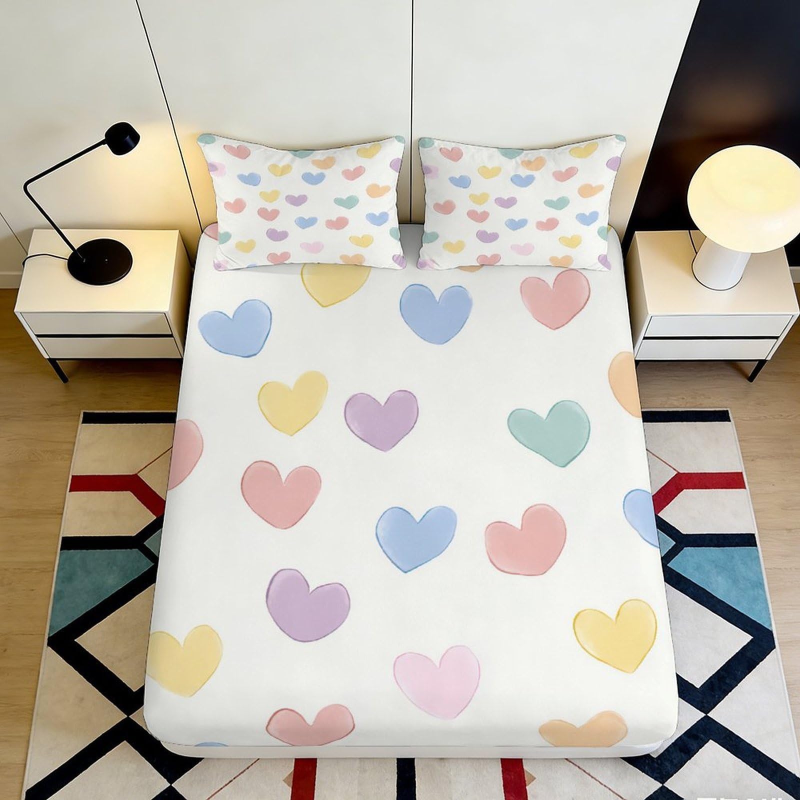 3D Printed Pastel Heart Pattern Fitted Sheet Microfiber Soft Breathable Colorful Heart Mattress Cover for Bedroom Dormitory Guest Room Mattress Protection 180x200x25cm