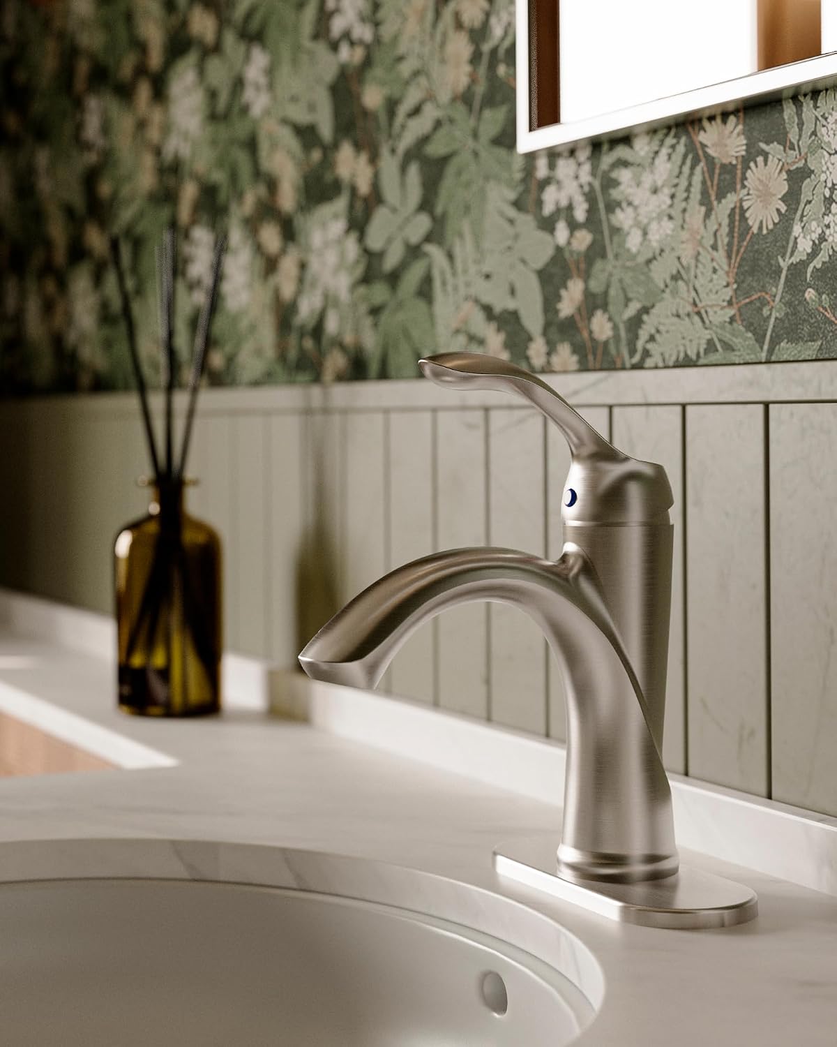 Brushed Nickel Bathroom Faucet 1 Hole One-Handle Lever Bathroom Sink Faucets Bath Rustic Lavatory Basin Mixer Tap with Pop Up Drain with Overflow Supply Hose by Homevacious