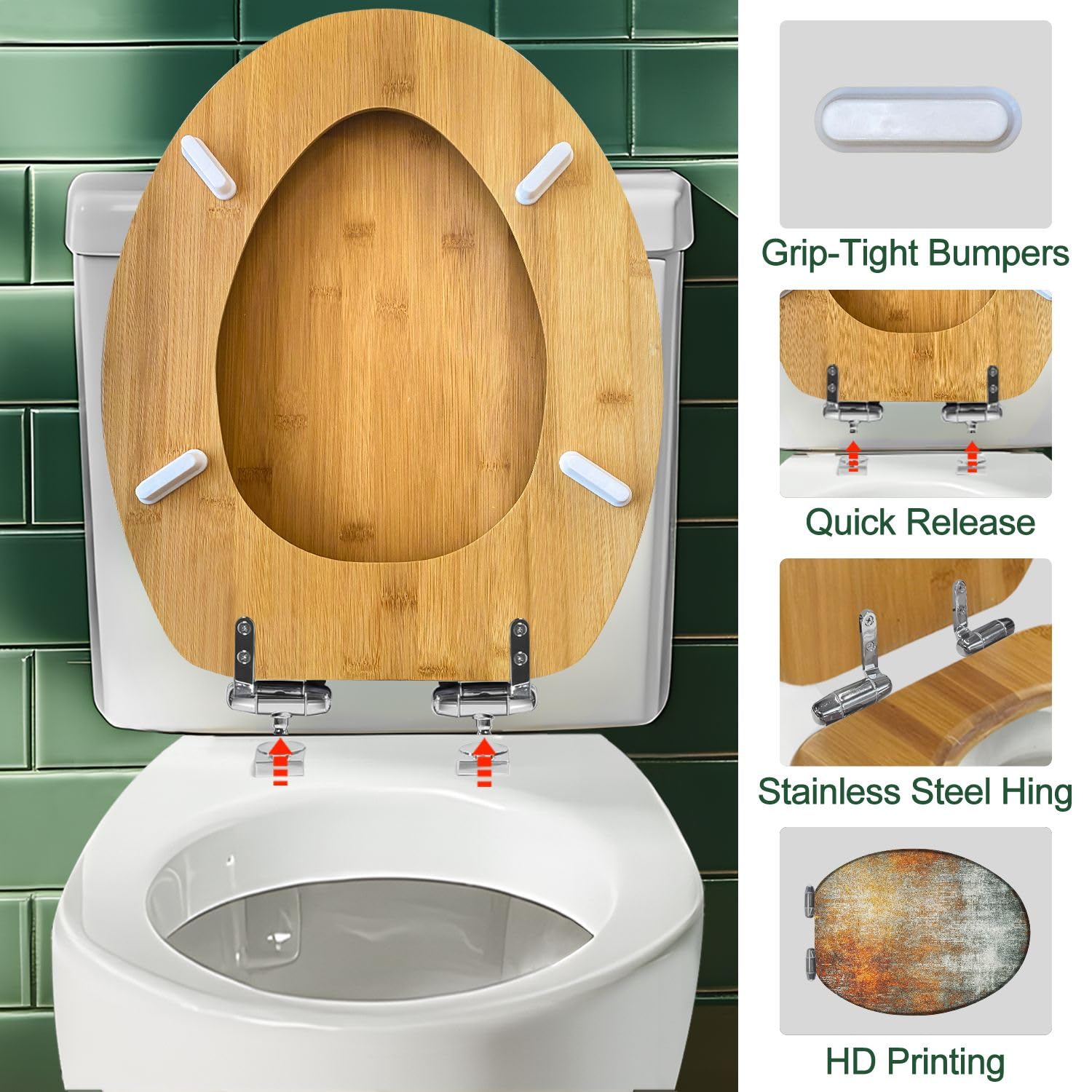 Copriwater allungato con chiusura ammortizzata e sgancio rapido in legno, facile da installare, stile grunge, decorazione murale per il bagno.