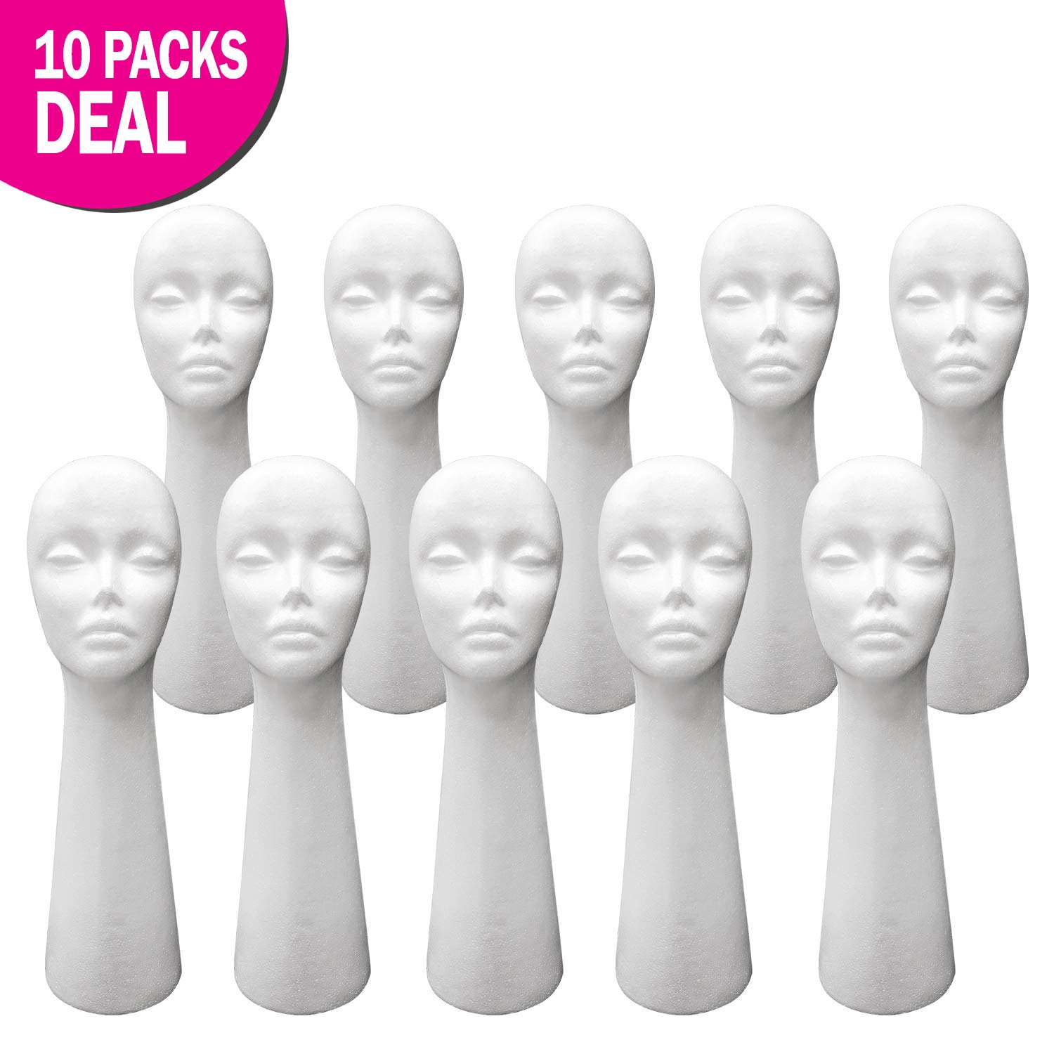 STUDIO LIMITED Styrofoam Mannequin Head, Long Neck, White Foam Wig Head Display with Wig Cap 4pcs (10 PACK)