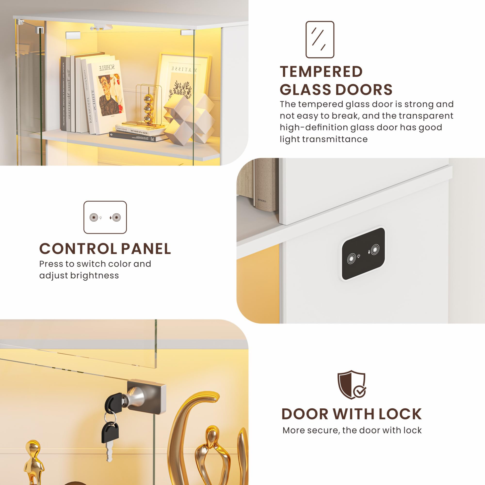Gurexl 168 CM Vetrina in Vetro con LED 3 Couleurs,Vetrine Da Collezione Anta IIn vetro con Serratura,Pavimento Credenza in Vetro con Sensore Intelligente Per Soggiorno,Curio,Collezione,Bianco