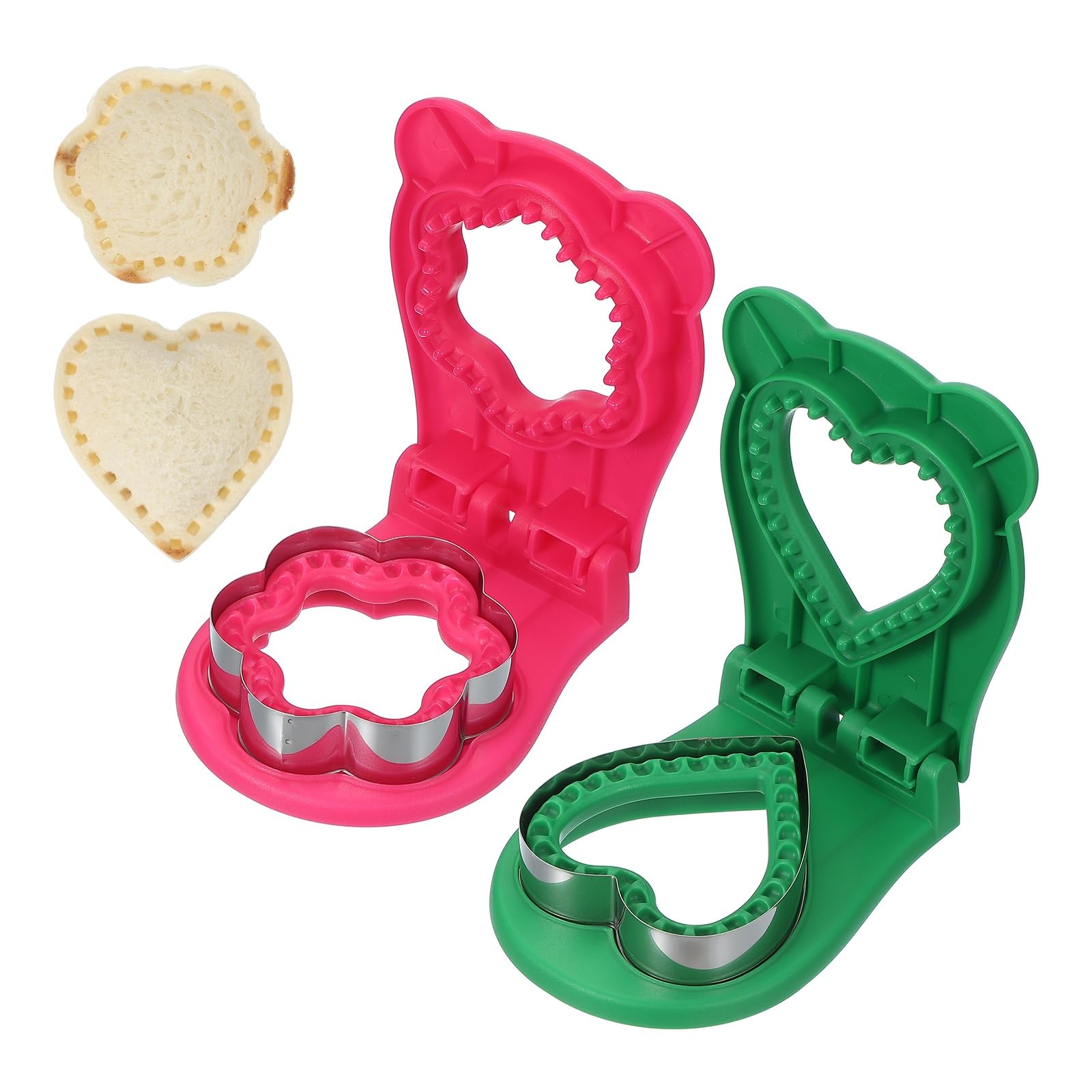 uxcell Lot de 2 emporte-pièces sans croûte, en forme de fleur/cœur - Incrustables - Pour pain, biscuits - Pour le petit déjeuner, le déjeuner et le thé de l'après-midi (rose rouge/vert)