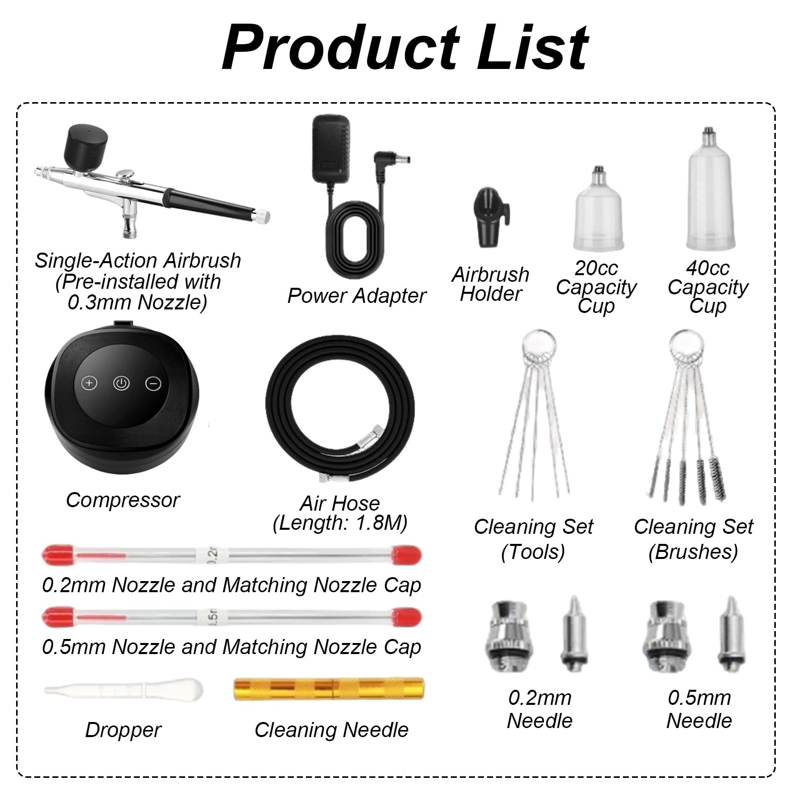 Airbrush Set mit Kompressor, Dual Action Airbrush Set mit 3 Druckstufen & 0,3/0,3/0,5mm Düse, Air Brush Pistole Set für Modellbau Make Up Kunst Kuchendekoration Tattoo Färbung