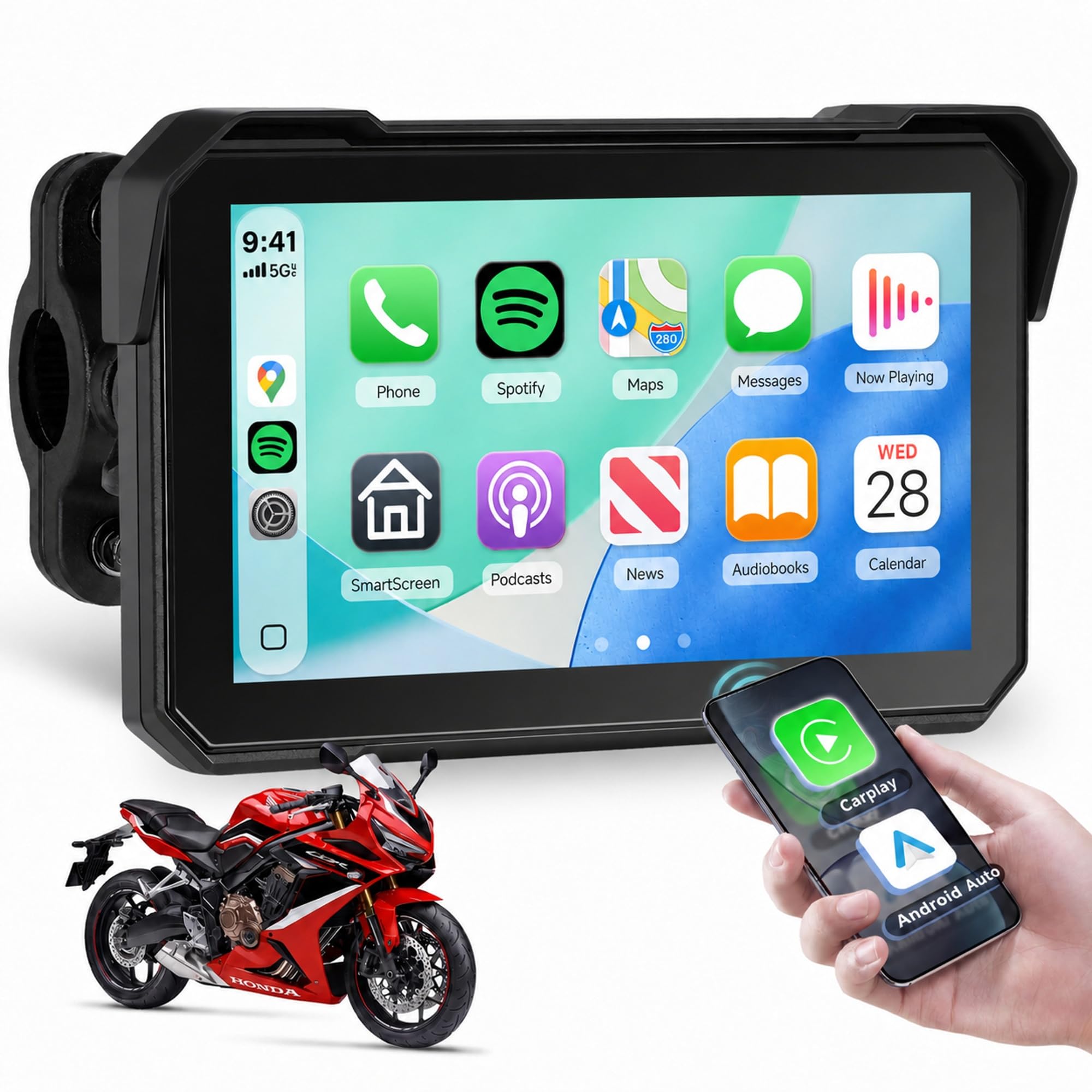 Rimoody 5'' Motorcycle Carplay Android Auto Portable Motorbike Car play with...