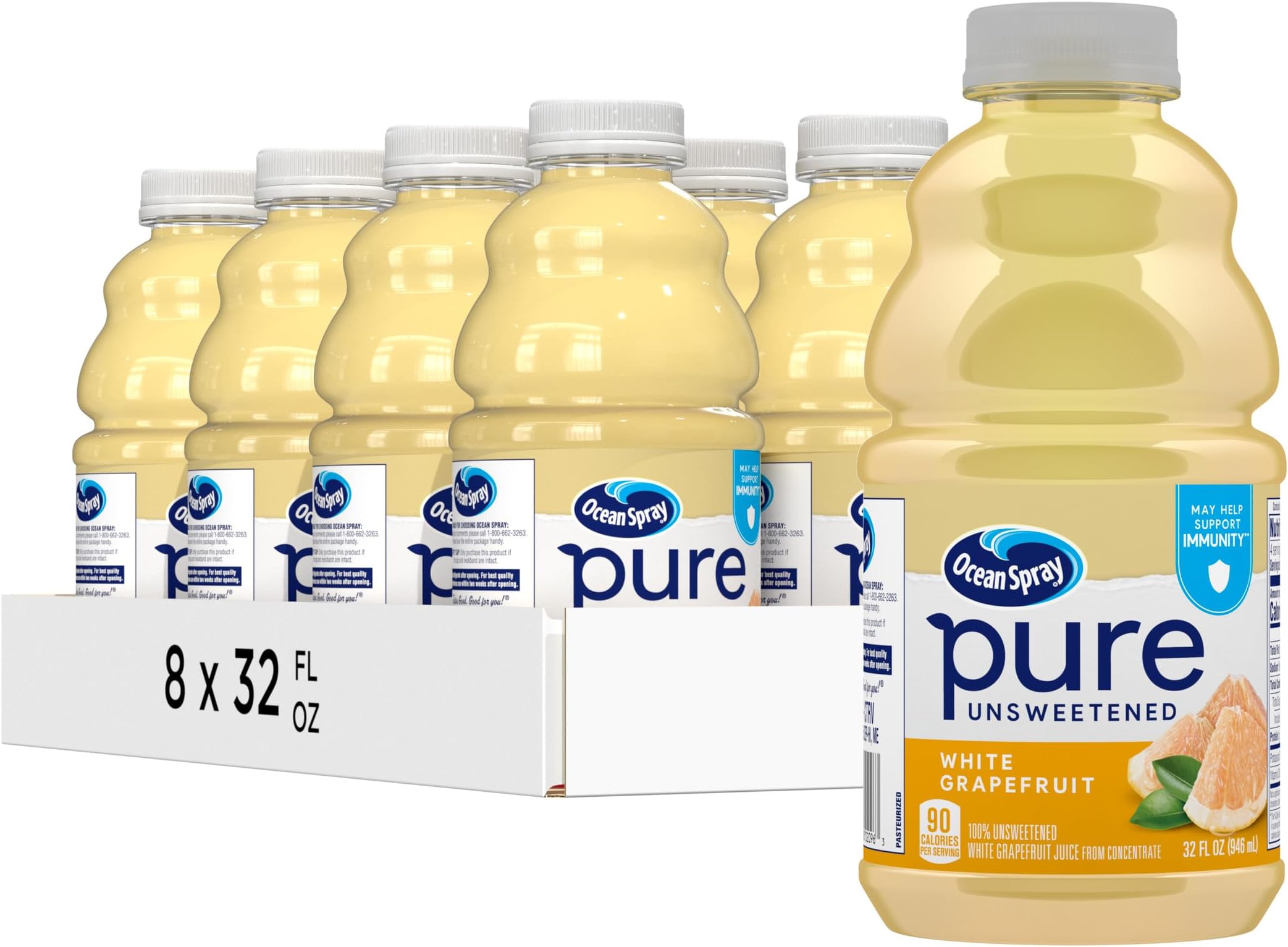 Pure Unsweetened White Grapefruit, 100% White Grapefruit Juice, 32 Fl Oz Bottle, (Pack of 8)