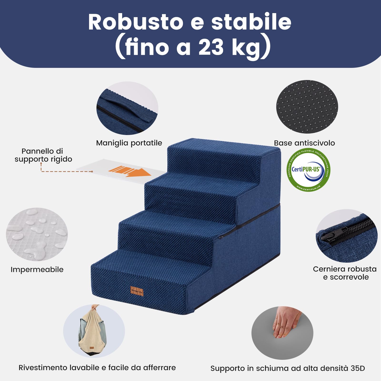 Gardner Pet Scala per Cani Piccola, Scala per Animali Domestici a 4 Gradini, Rampe in Schiuma ad Alta Densità con Rivestimento Impermeabile e Antiscivolo, per Letto, Divano, Poltrona e Auto, Blu