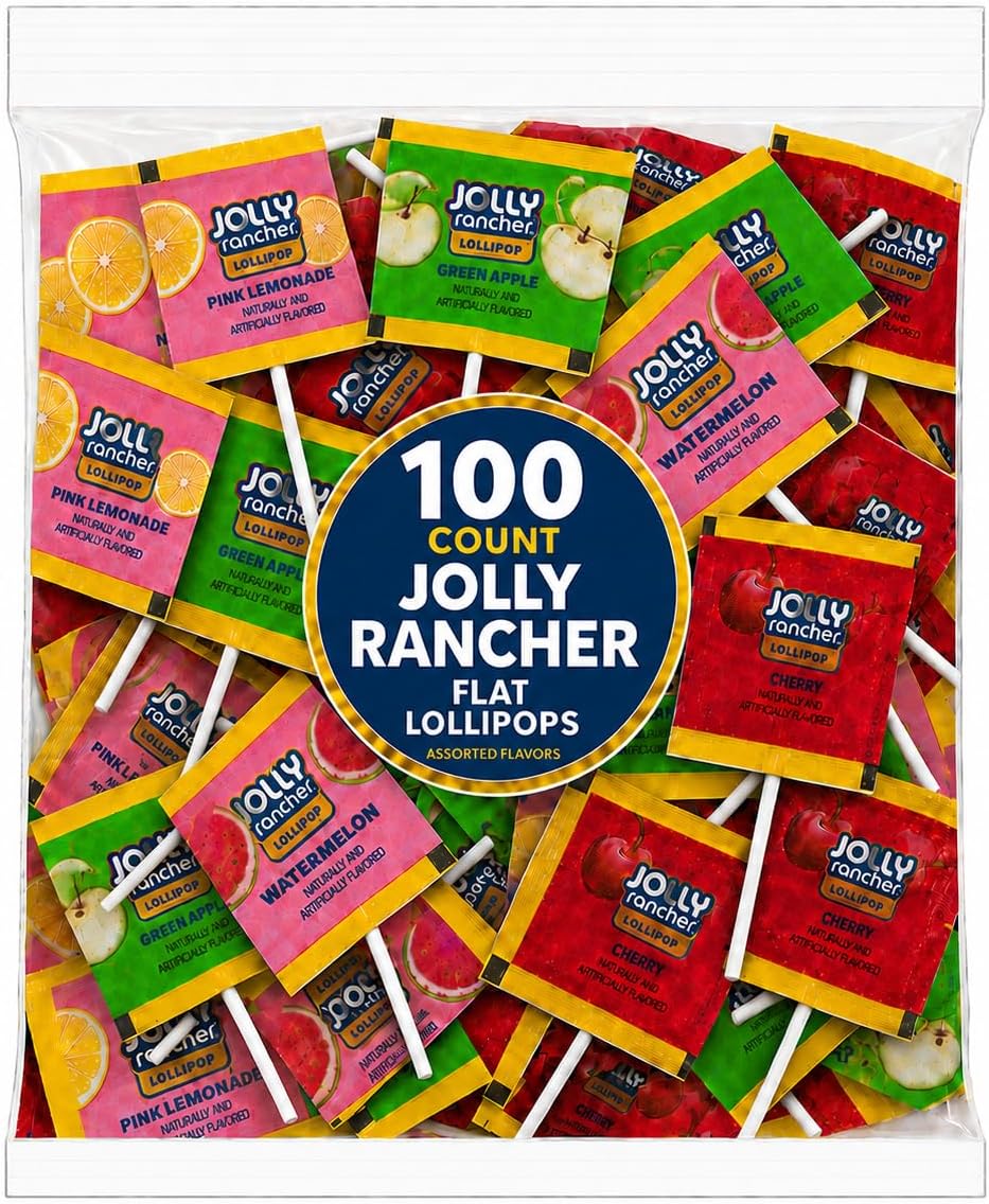 Jolly Flat Lollipops (Suckers) – 100 Count Bulk Pack – Watermelon, Pink Lemonade, Green Apple, Cherry – Individually Wrapped Candy for Events and Parties