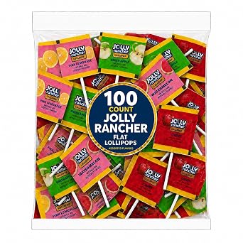 Jolly Flat Lollipops Suckers 100 Count Bulk Pack Watermelon, Pink Lemonade, Green Apple, Cherry Individually Wrapped Candy for Events and Parties