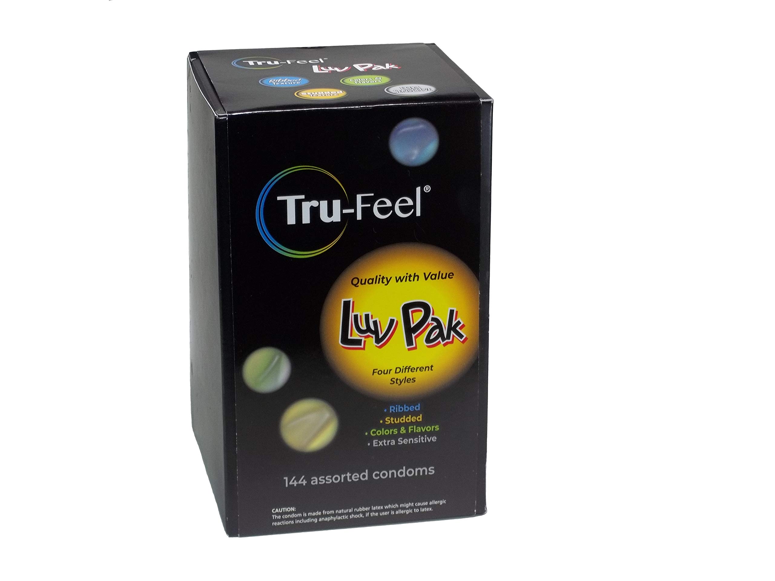 Tru-Feel Luv Pak Latex Condoms Bulk 144 Count Variety Pack Assortment of Condoms Ribbed, Studded, Extra Sensitive, and Colored & Flavored