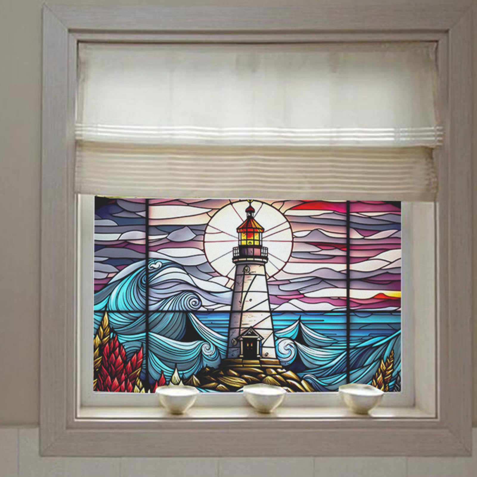 Lnxsesn Blue/Red Window Film Privacy Lighthouse Frosted Privacy Film For Glass Windows Removable Opaque Static Cling Self Adhesive Window Films Covering For Home Bathroom 45X90cm/1 Pcs