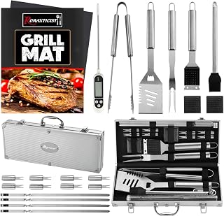 ROMANTICIST 23-Piece Stainless Steel BBQ Grill Tool Set with Thermometer, Case & 2 Grill Mats - Ideal Father's Day Gift for Camping & Backyard BBQs