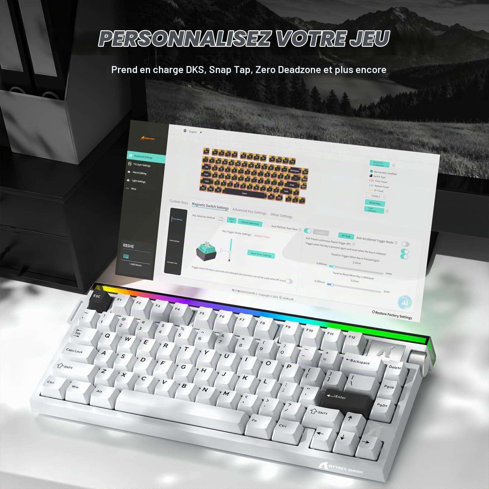 ATTACK SHARK R85 HE Clavier 8000Hz Rapid Trigger, Clavier Gamer Filaire 75%, Lightbox RGB, Précision RT de 0,005 mm, Interrupteur Magnétique, Actionnement Réglable, Snap Tap, PC/Mac, Blanc