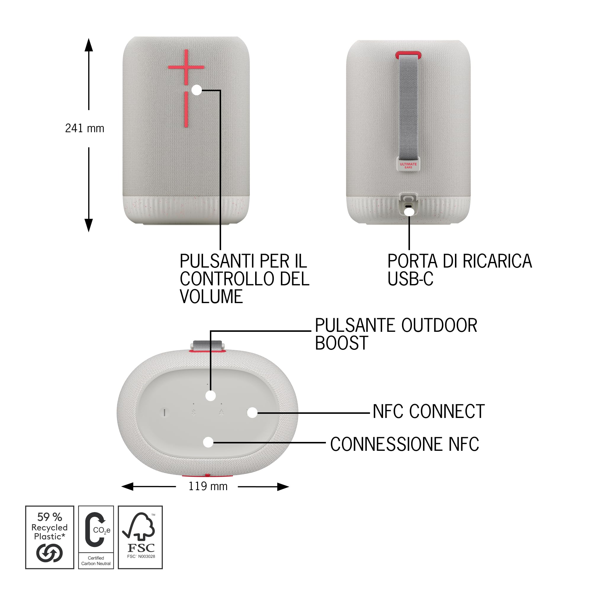 Ultimate Ears EPICBOOM, altoparlante bluetooth wireless portatile,bassi ottimali,audio a 360 gradi,EQ adattivo,IP67 impermeabile, galleggiante, batteria di 17 ore,raggio d’azione di 55 m,USB C,Bianco