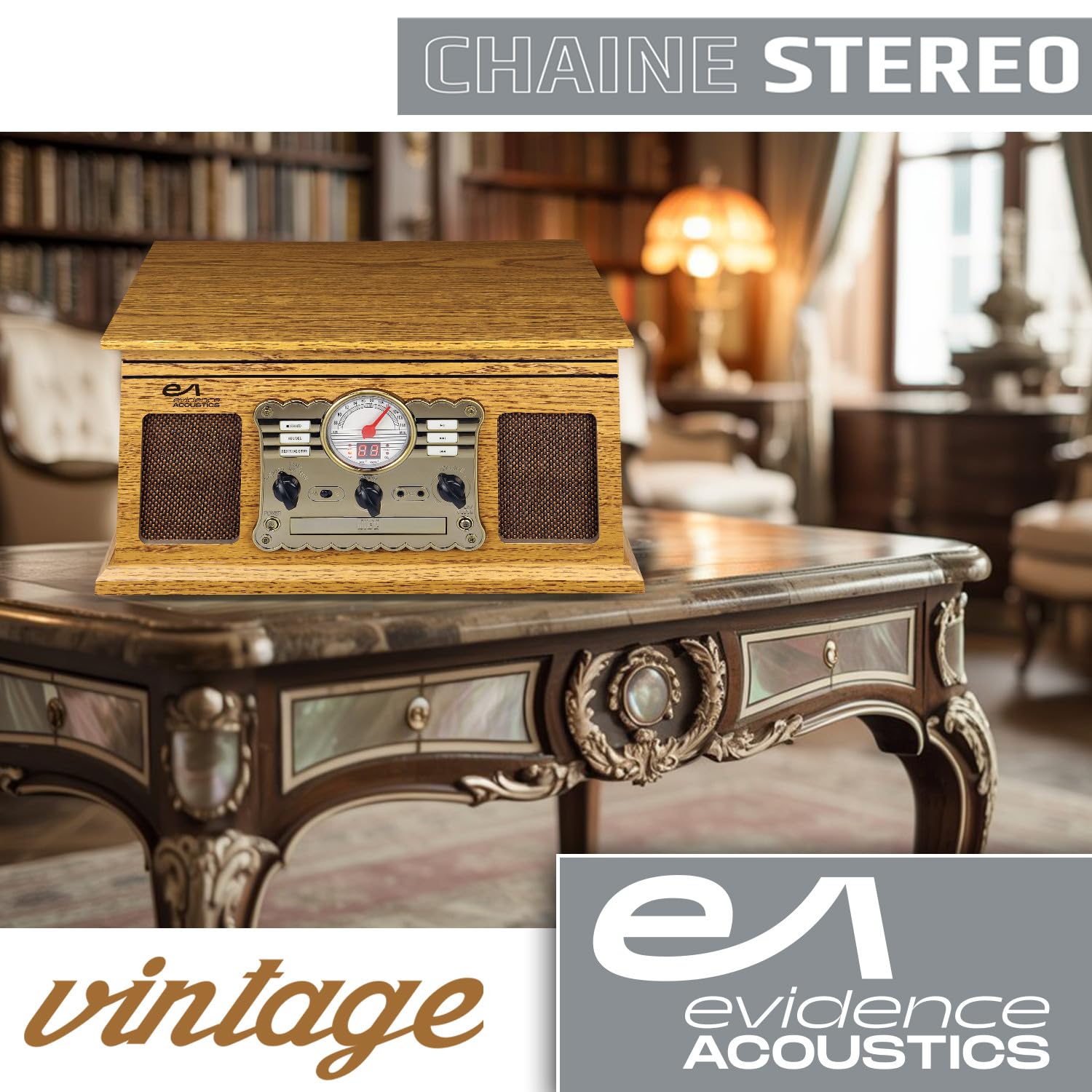 Chaîne HiFi Tourne-Disque Evidence Acoustics EA-PL300-WOOD Vinyle 33/45/78, 60W, FM, CD, Cassette, BT USB SD REC, rétro Vintage