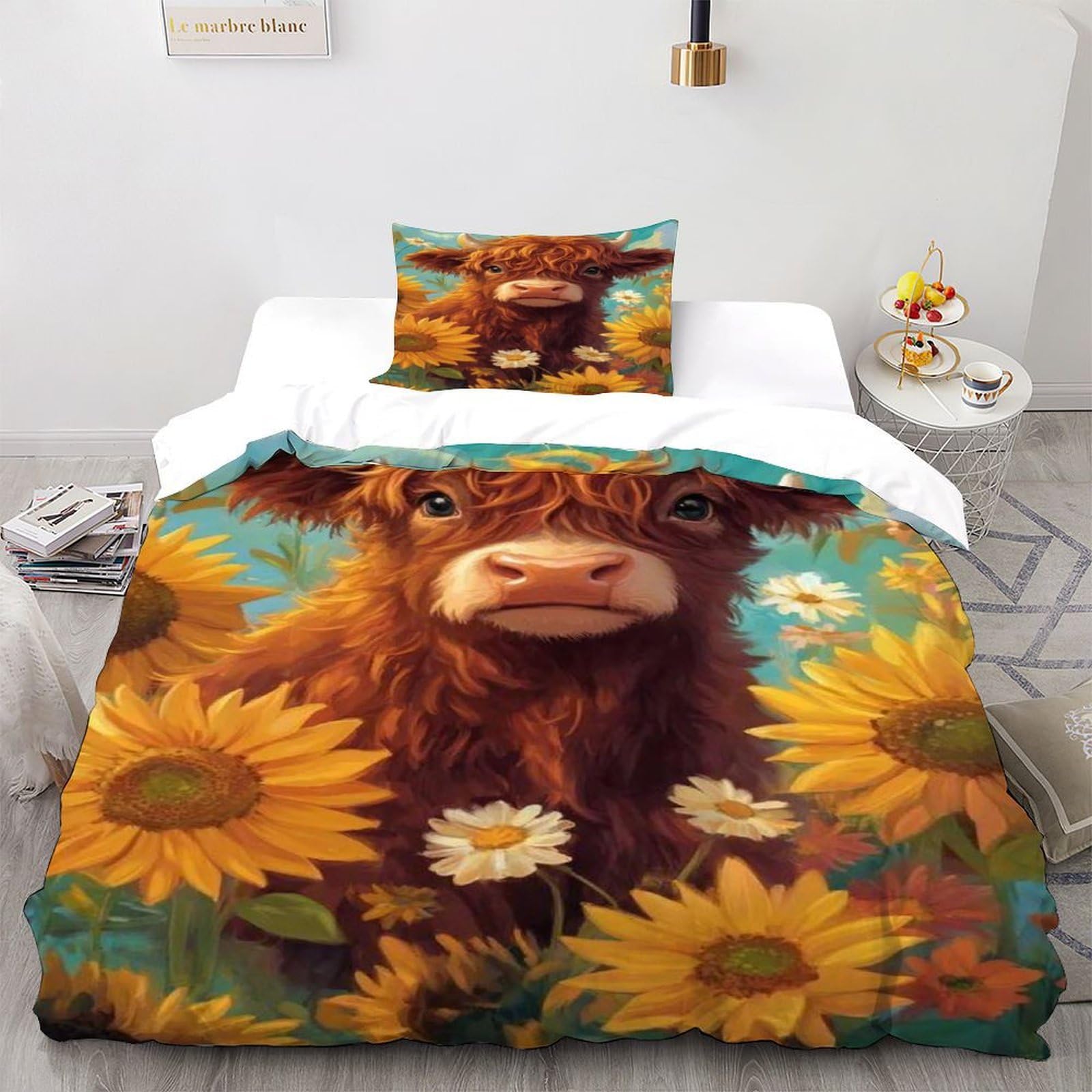 DOXLITVT Highland Cow Bedding Set Theme Bedspread Animal Themes Wildlife Duvet Cover Set Microfiber Comforter Cover Universal for All Seasons Pillowcase Single（135x200cm）