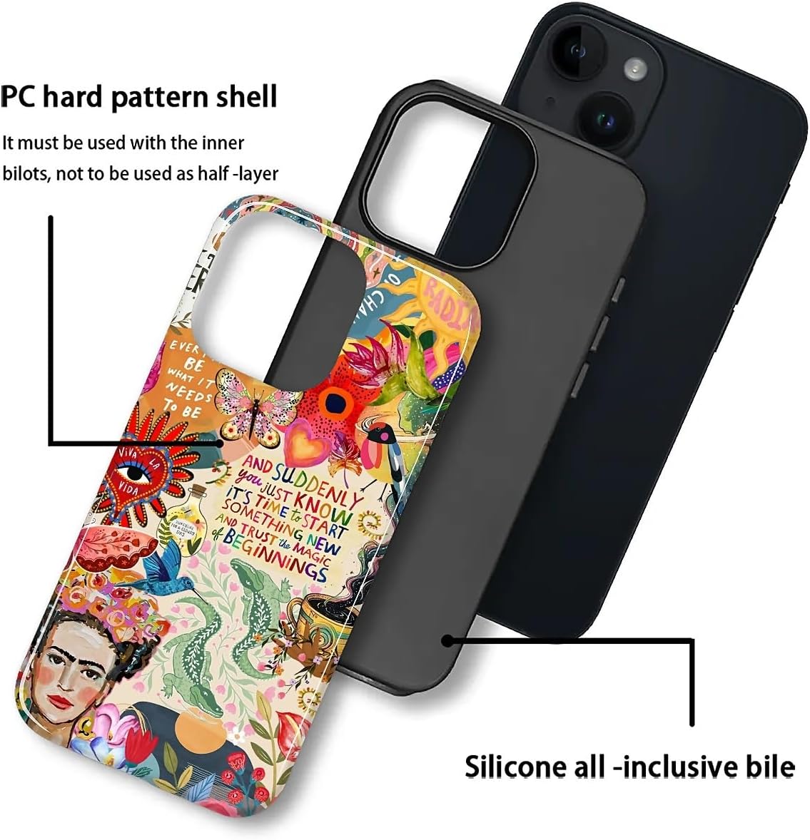 Case for iPhone 13 14, Hybrid 2-Layer Case, Military-Grade Protection Durable Shockproof Anti-Scratch Phone Cover, Viva La Frida Collage image 3