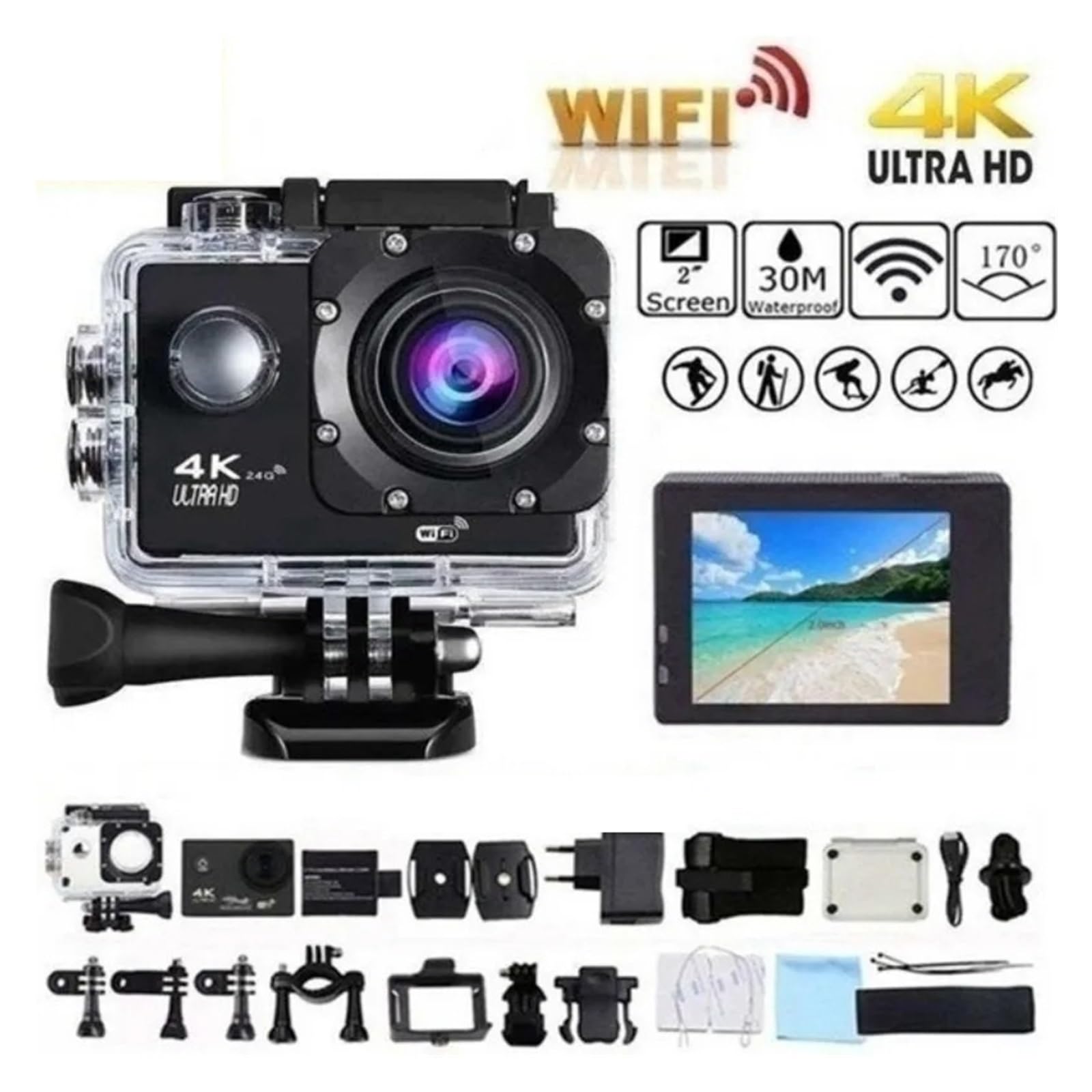 Action Camera Ultra HD 4K/30fps WiFi 2.0 pollici 170D Casco impermeabile subacqueo Registrazione video Ciclismo Sci Telecamere Sport Cam(Yellow)