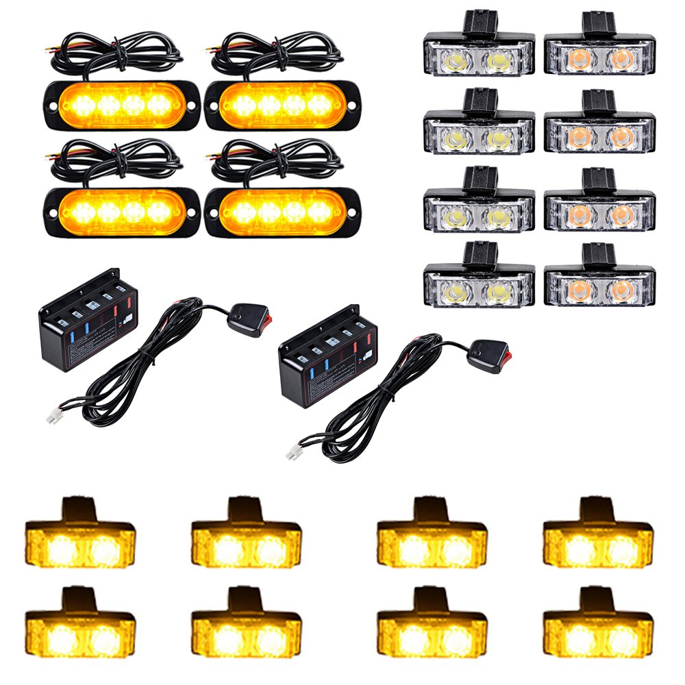 Set AMBER Emergency Warning Hazard Beacon Construction Security 4pcs Ultra Slim 4-LED 12W Strobe Light Bar + 16pcs 2-LED Flashing Grille Light Kit Car Truck SUV Van