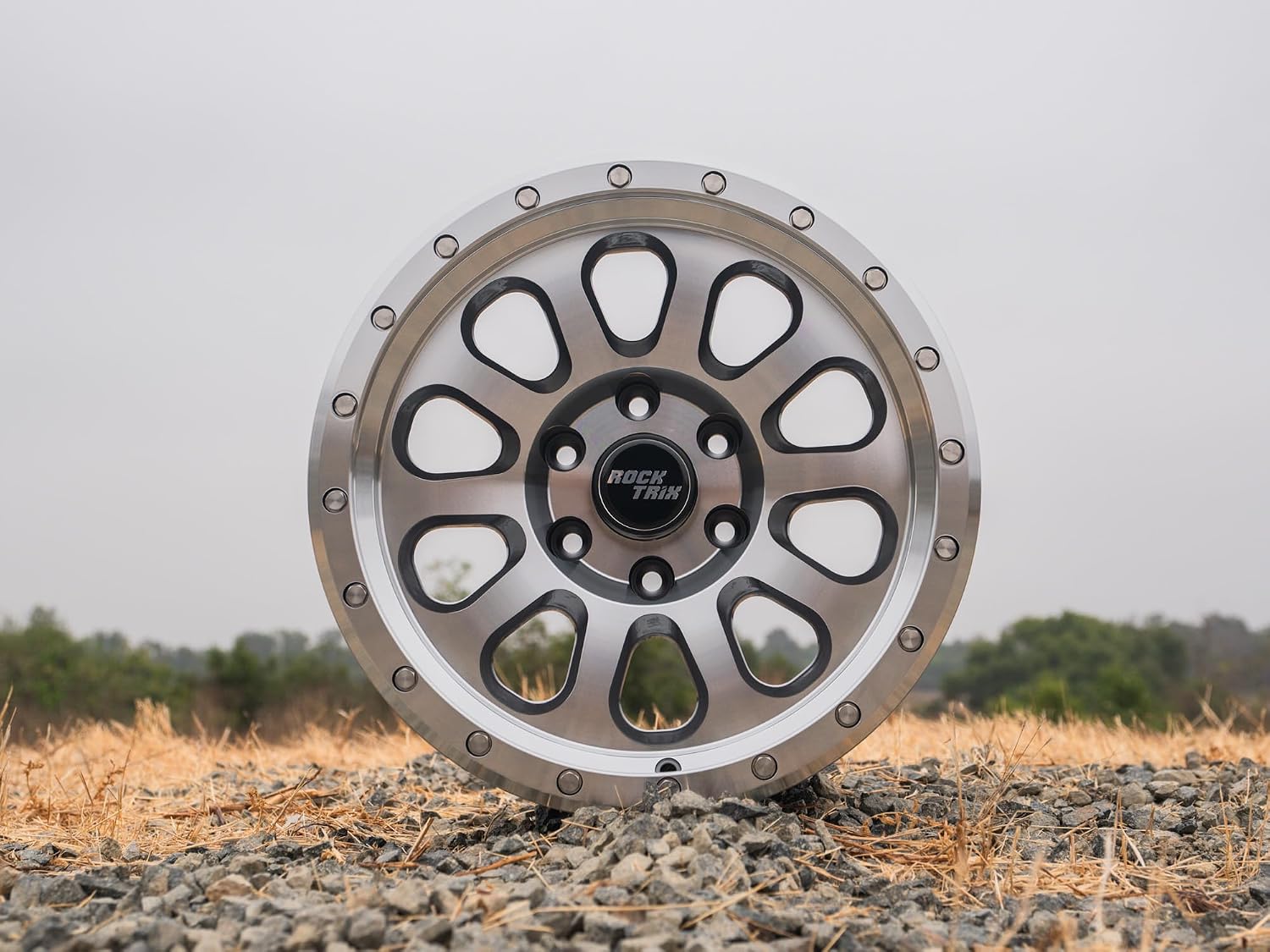 RockTrix RT111 17 inch Wheel for 2004-2026 Ford F150, 17x9 6x135 Rims -12mm Offset, 4.5in Backspacing, Machined Gunmetal, 2200 lb Weight Rating, Also compatible with Bronco Raptor