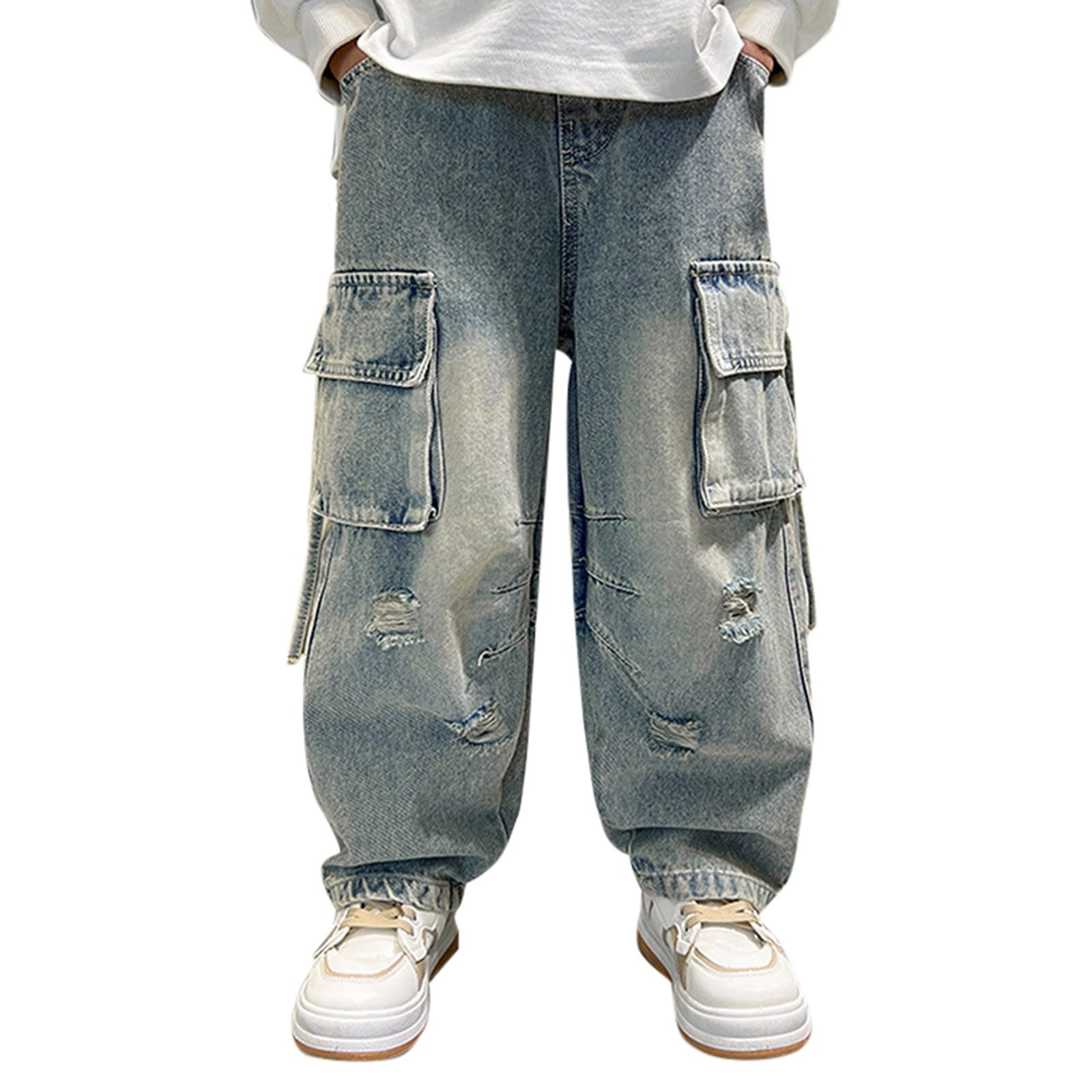 Boys Trendy Distressed Ripped Jeans Oversized Cargo Denim Pants with Pocket Elastic Waist (Light Blue, 12-13 Years)