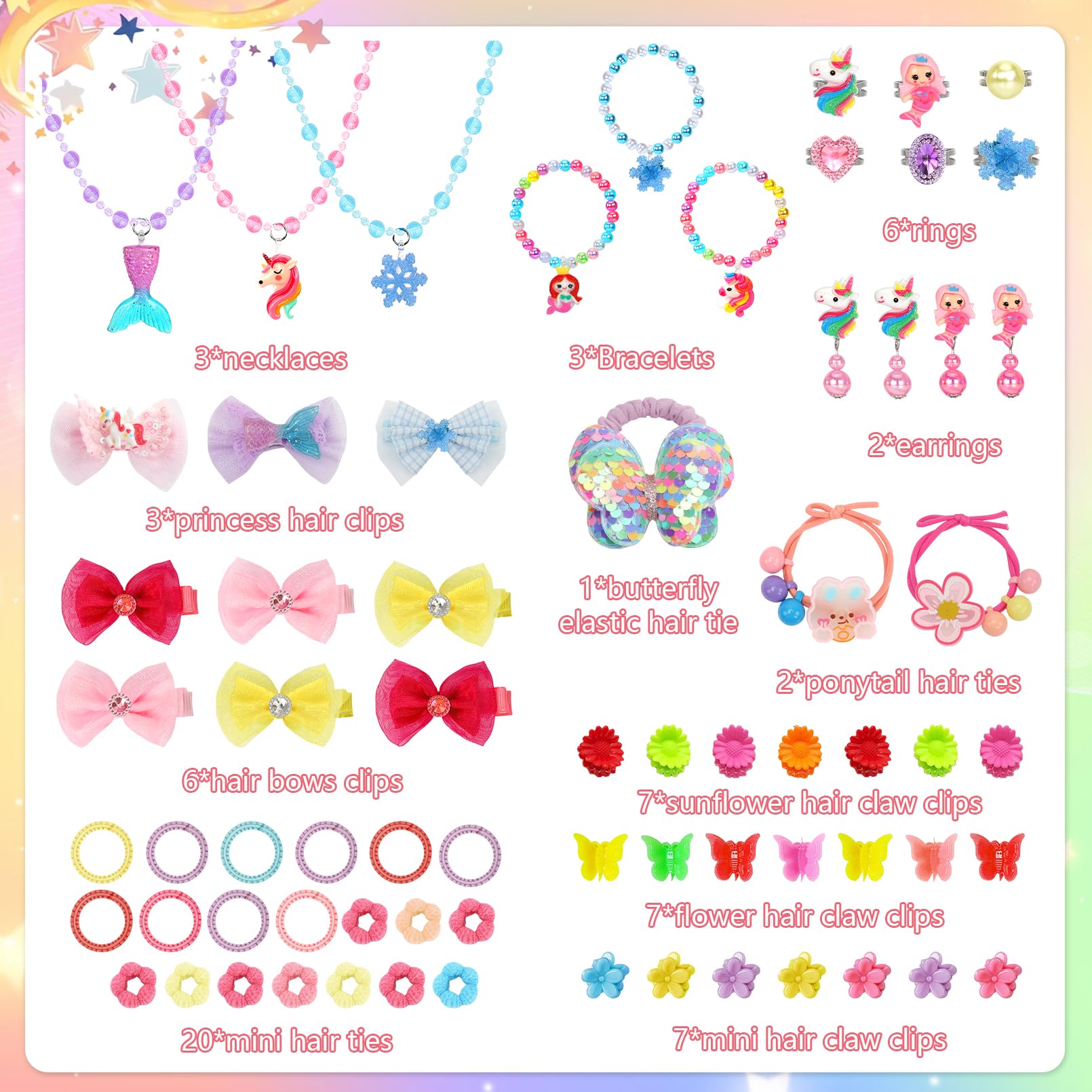 Kids Jewelry for Girls, 68Pcs Toddler Jewelry Toys Princess Dress Up Jewelry Set, Necklaces, Bracelets, Kids Rings, Hair Ties, Hair Clips, Funny Christmas Birthday Gifts for 3 4 5 6 7 8 Year Old Girl