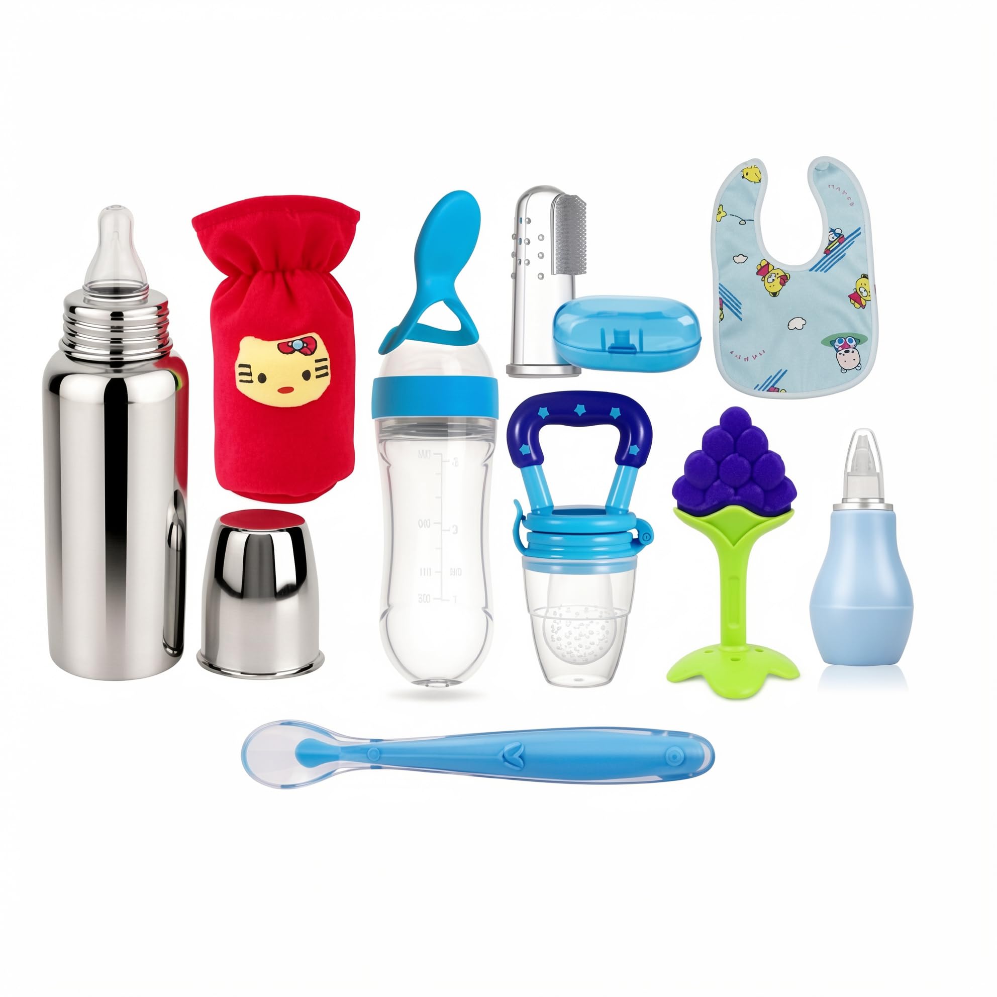 9Pcs Baby Feeding Combo Set | Spoon Feeder, Fruit Feeder, Bib, Steel Bottle & Teether Kit-image-22