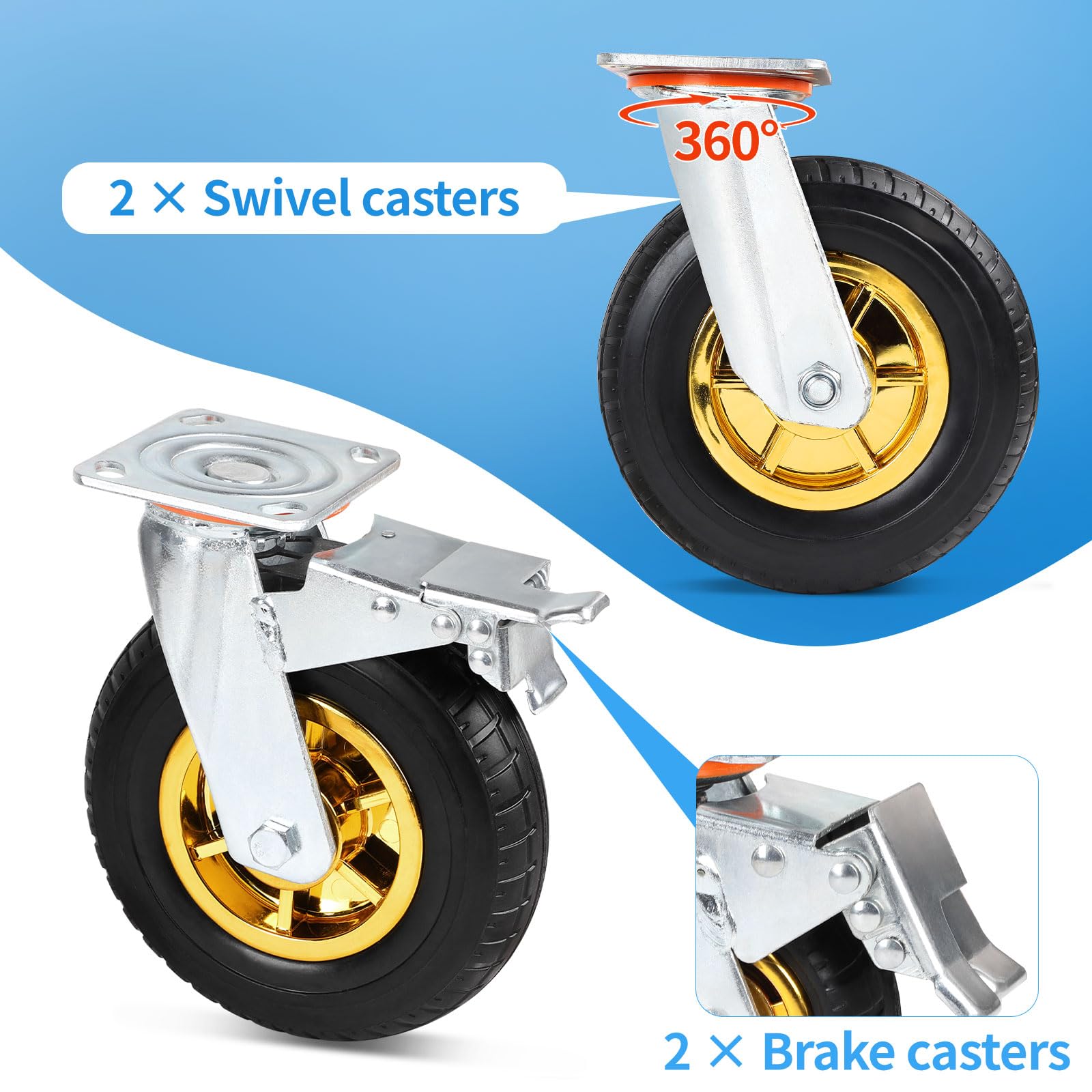 SWAWIS Lot de 4 Roulettes Charge Lourde 200mm Jusqu'à 260 kg par Roulettes Pivotantes À 360 Degrés (2 avec Frein) pour Chariot, Établi, Meuble