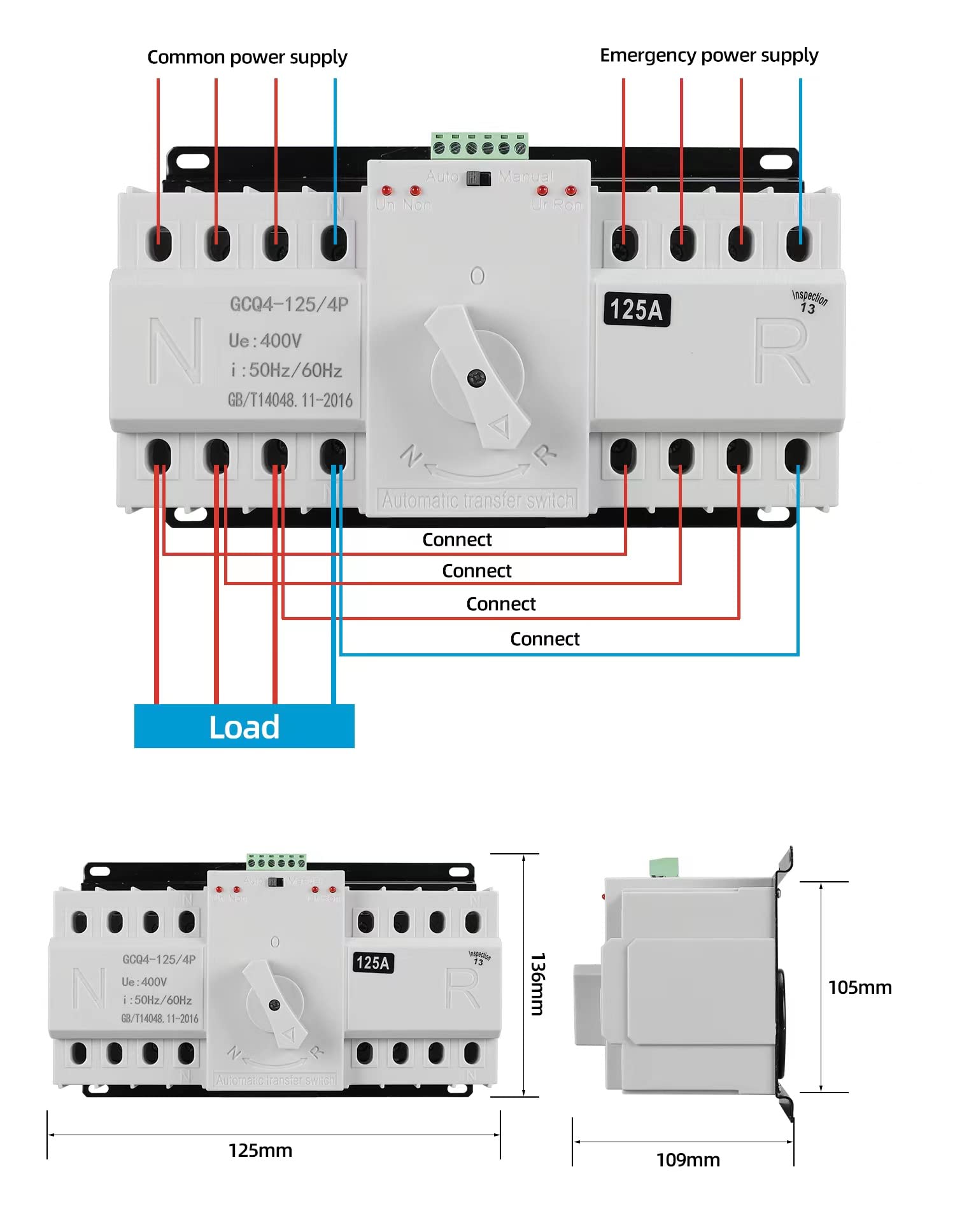 Conmutador de transferencia automático dual 4P 125A AC 230V/400V doble transferencia interruptor conmutador de transmisión