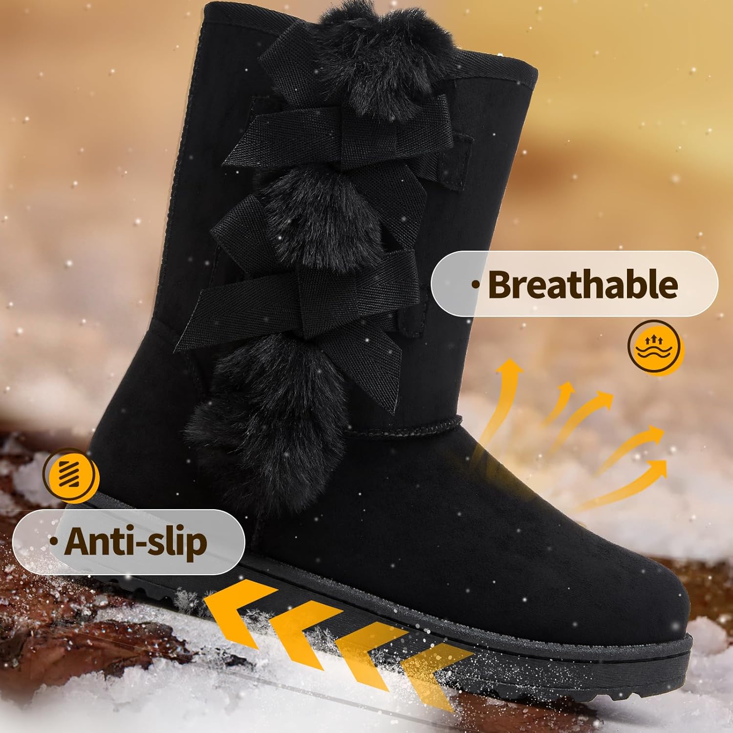 Eydram Women Winter Boots Fur Lined Fashion Mid Calf Boots for Women Warm Fuzzy Boots Comfortable Black Womens Snow Boots with Bowknot - Image 2