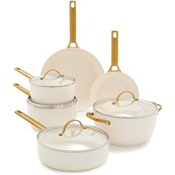 GreenPan Reserve Hard Anodised Healthy Ceramic Non-Stick Cookware 10 Pieces with Frying Pans Saute Pan and Stewing Pot Gold Handle PFAS-Free Induction Oven-Safe Dishwasher Safe Cream White