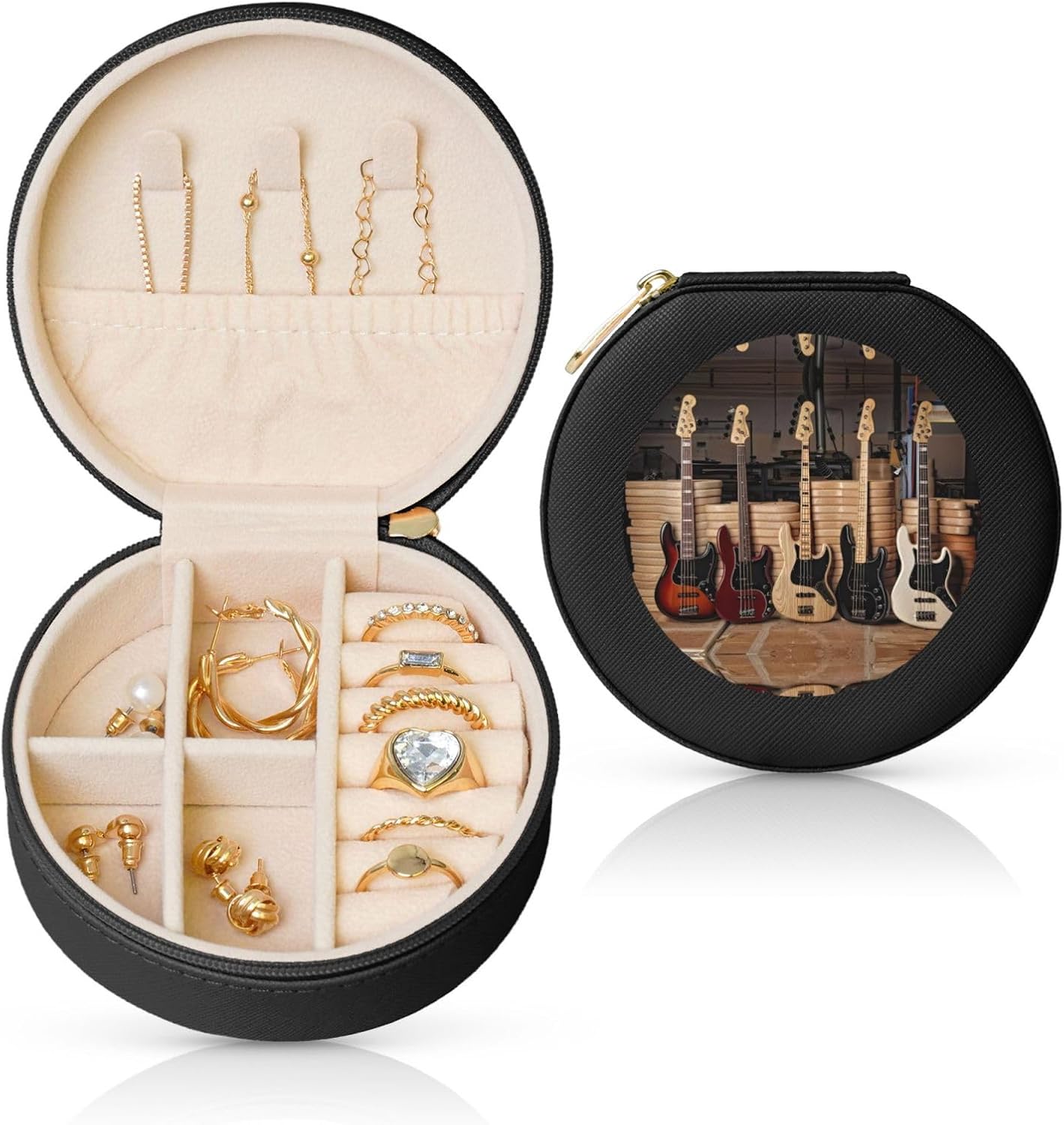 Guitar Bass Music Musical Instruments Small Round Leather Jewelry Box, Portable Velvet Travel Jewelry Case for Women Girls, Tiny Travel Organizer Boxes for Rings Earrings Bracelets