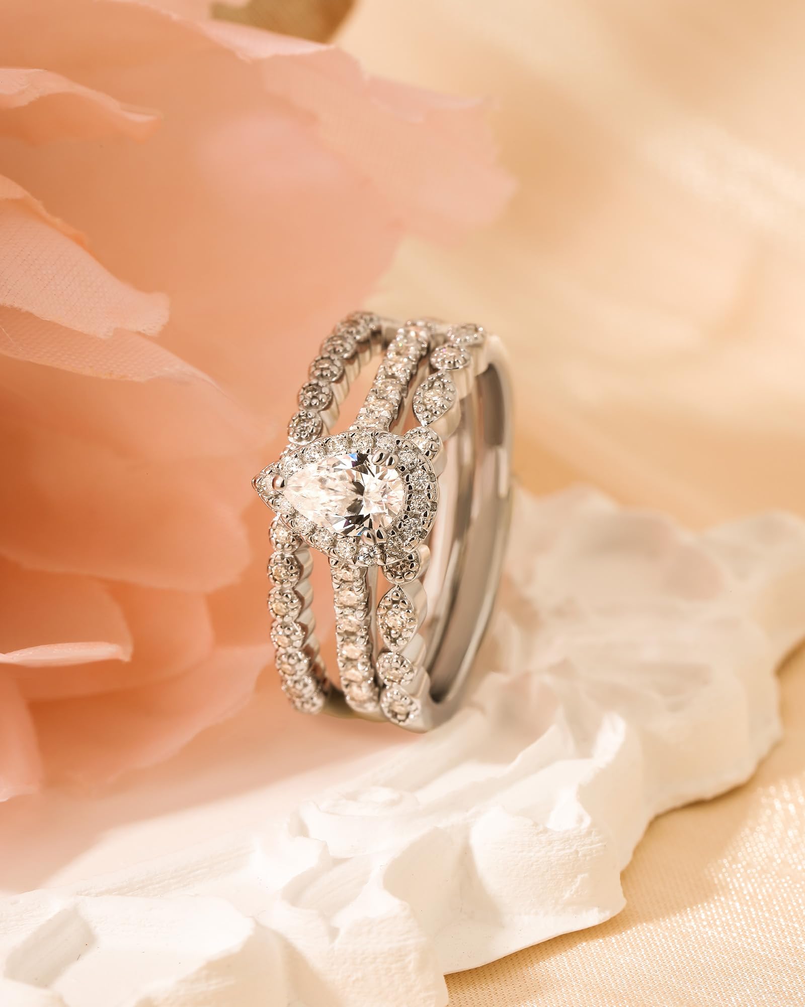 Damen Moissanit Band Ring Set Birnenschliff Vorsteckring 925 Sterling Silber Stapelring Rundschliff Silberring Austauschbar Ewigkeitsring Schmuckset für Frauen Geschenk