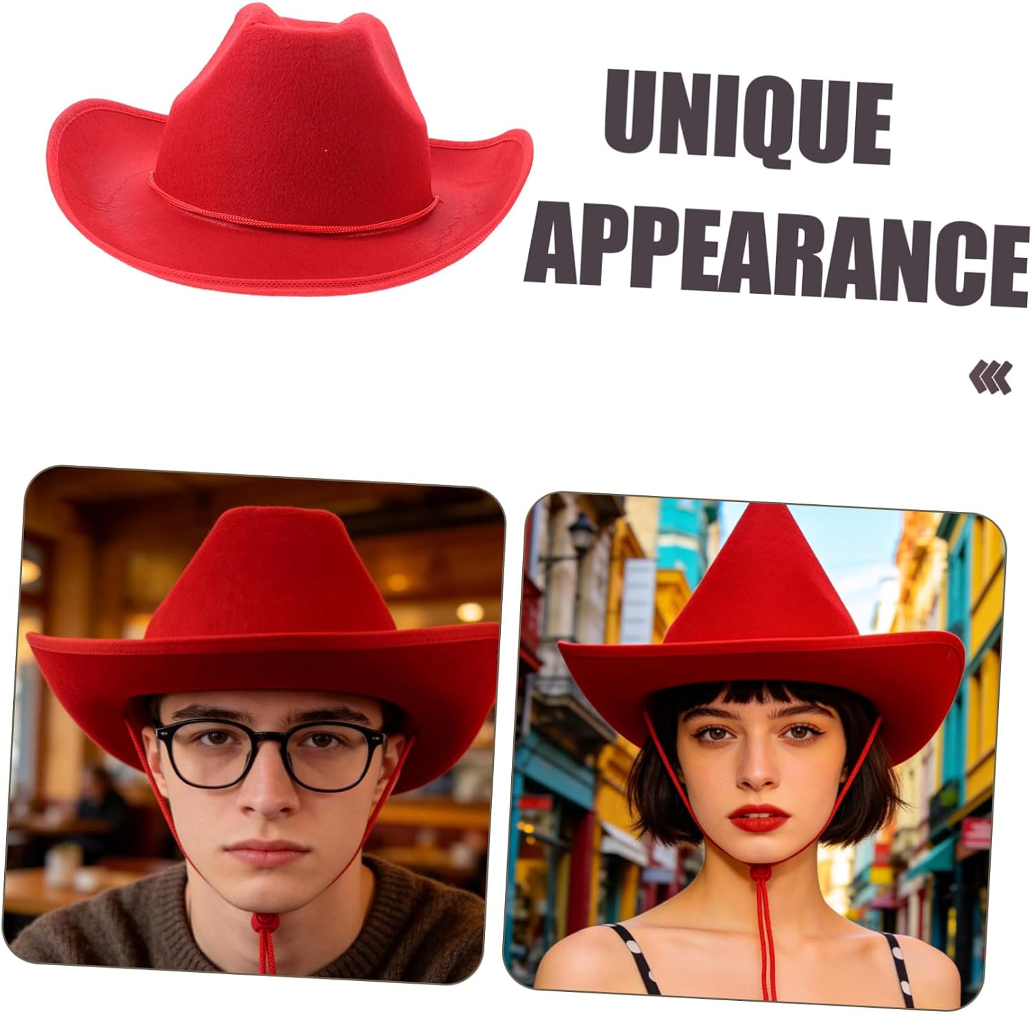 Red Cowboy Hat with Adjustable String, Brim Binding, Lightweight Fabric Cowgirl Hat for Men and Women, Party and Festival Costume Accessory